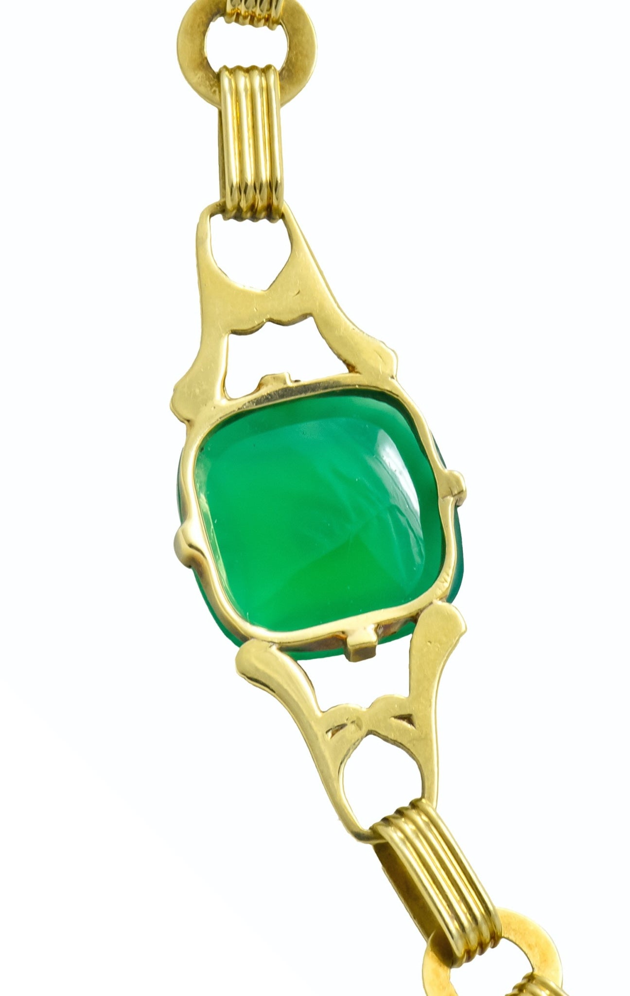 Art Deco 1930's Carved Green Onyx Intaglio 14 Karat Gold Floral Link Necklace - Wilson's Estate Jewelry