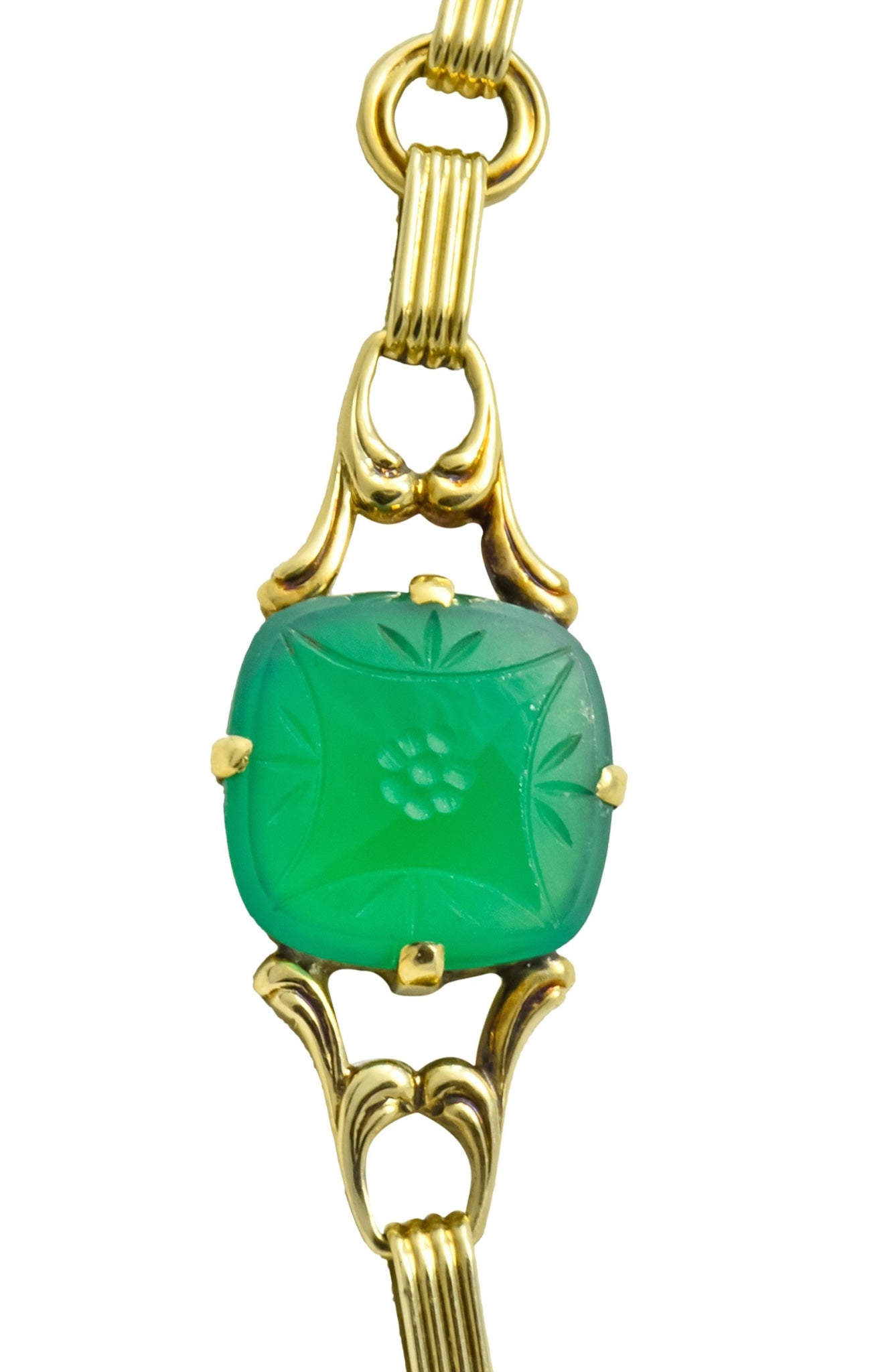 Art Deco 1930's Carved Green Onyx Intaglio 14 Karat Gold Floral Link Necklace - Wilson's Estate Jewelry