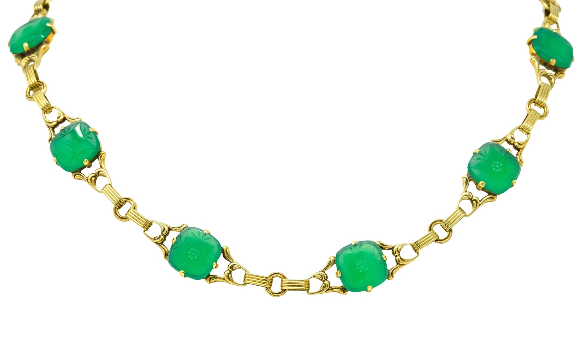 Art Deco 1930's Carved Green Onyx Intaglio 14 Karat Gold Floral Link Necklace - Wilson's Estate Jewelry