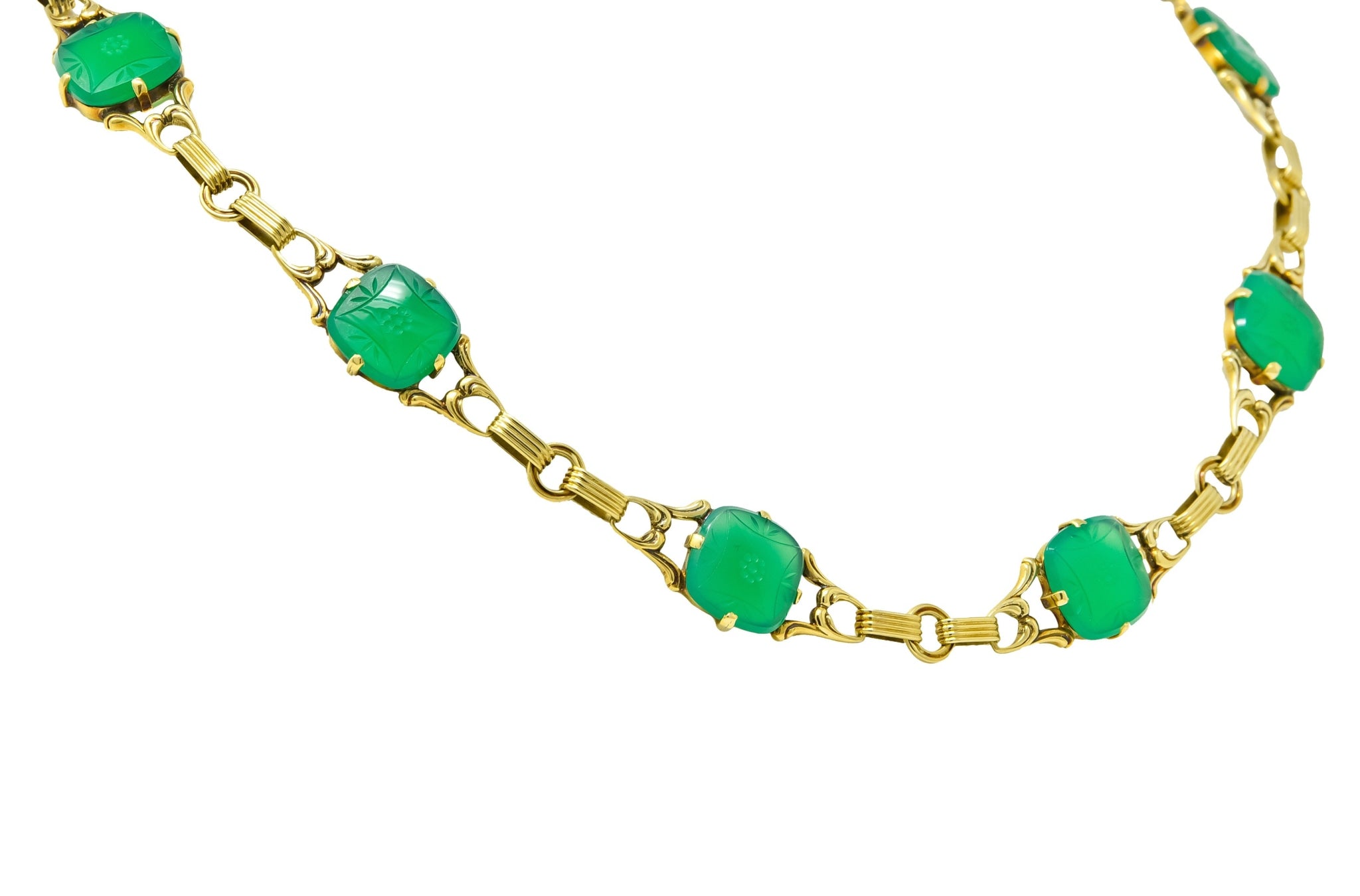 Art Deco 1930's Carved Green Onyx Intaglio 14 Karat Gold Floral Link Necklace - Wilson's Estate Jewelry