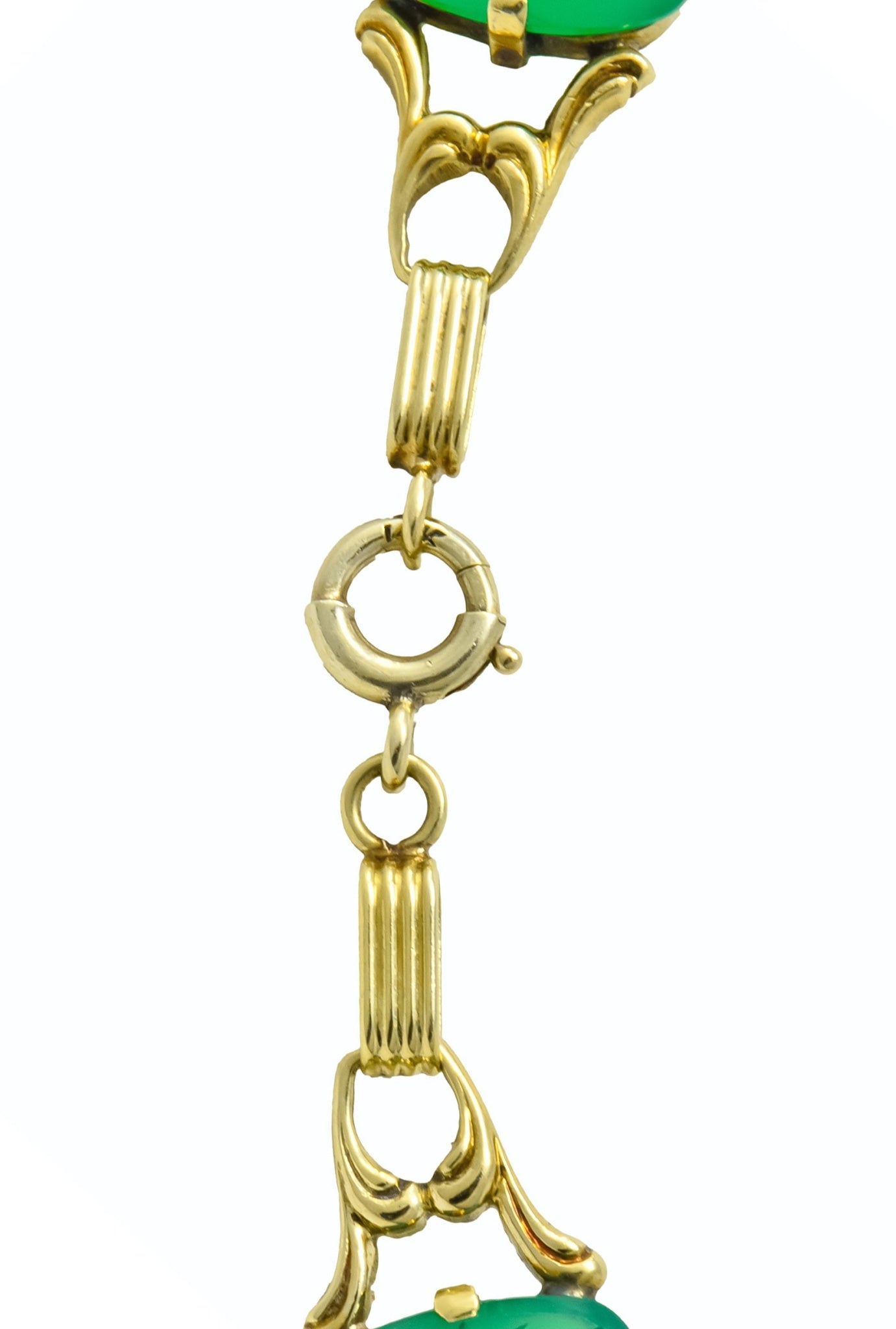 Art Deco 1930's Carved Green Onyx Intaglio 14 Karat Gold Floral Link Necklace - Wilson's Estate Jewelry