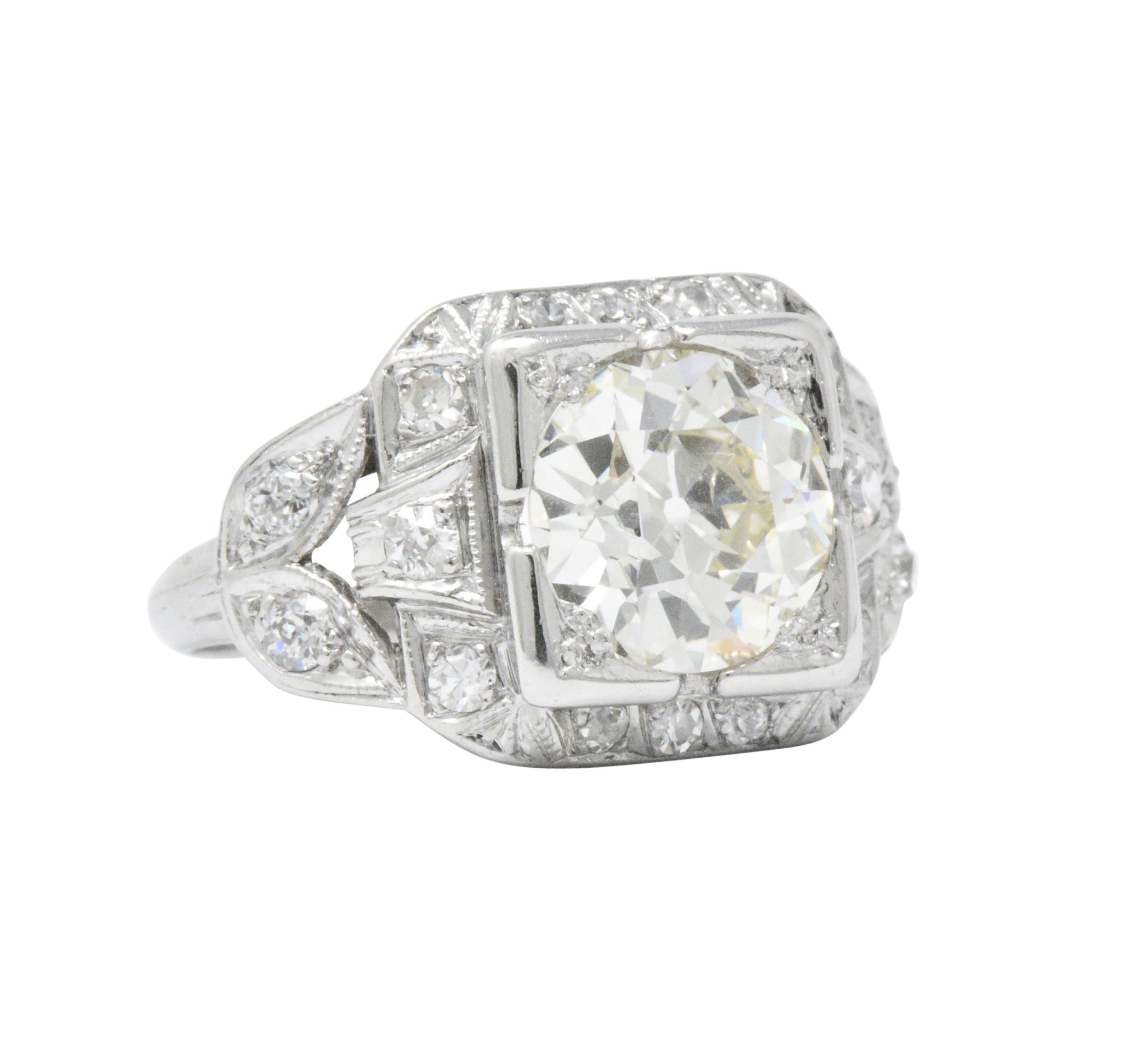 Art Deco 2.69 CTW Diamond Platinum Cushion Foliate Engagement Ring GIA Wilson's Estate Jewelry