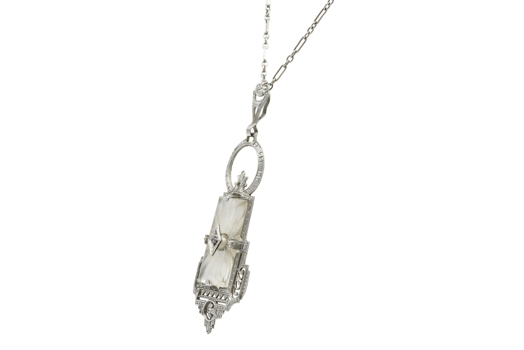 Art Deco Camphor Glass Diamond And 14 Karat White Gold Pendant Necklace Wilson's Estate Jewelry