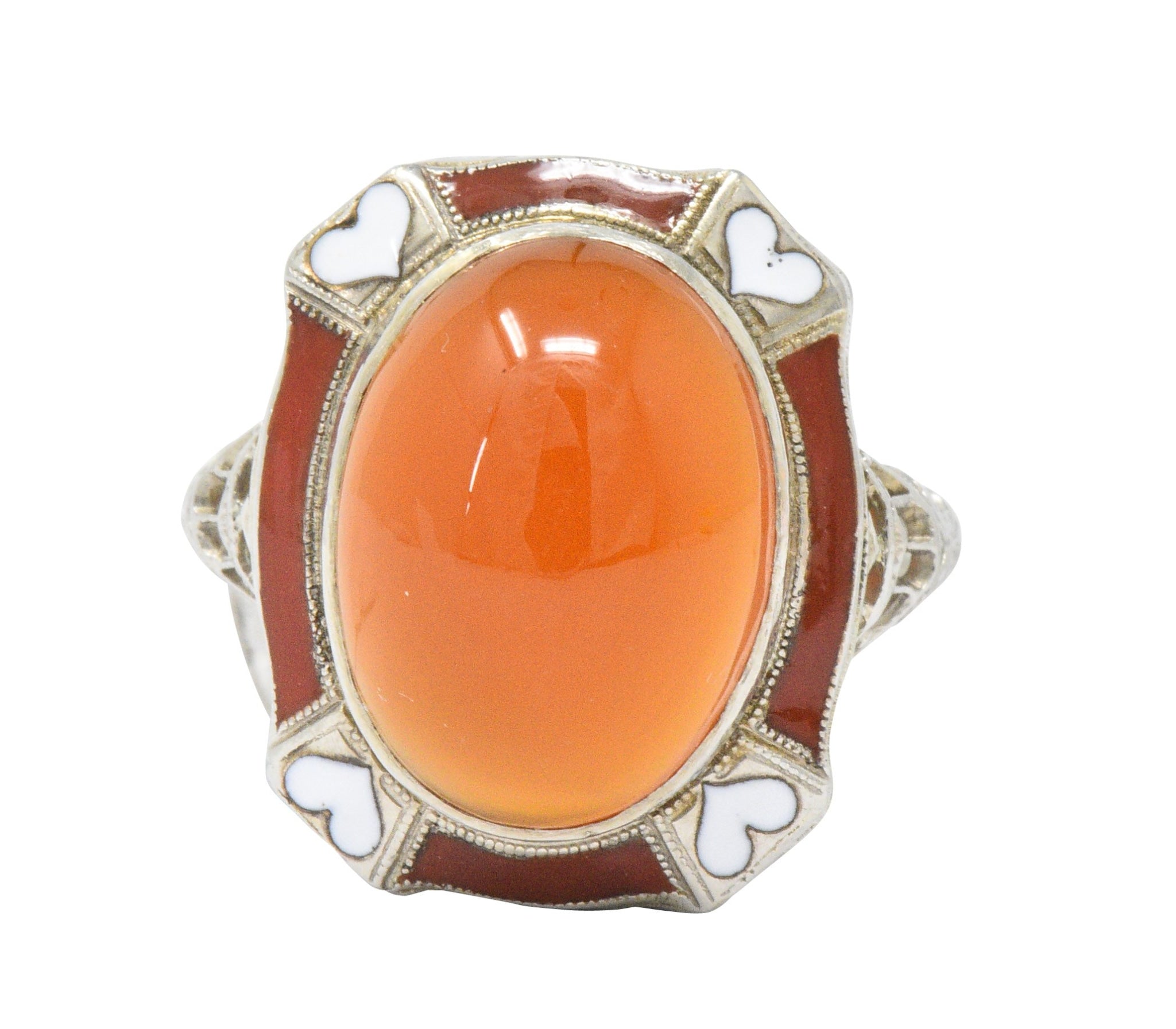 Art Deco Carnelian Enamel Hearts 14 Karat White Gold Ring - Wilson's Estate Jewelry