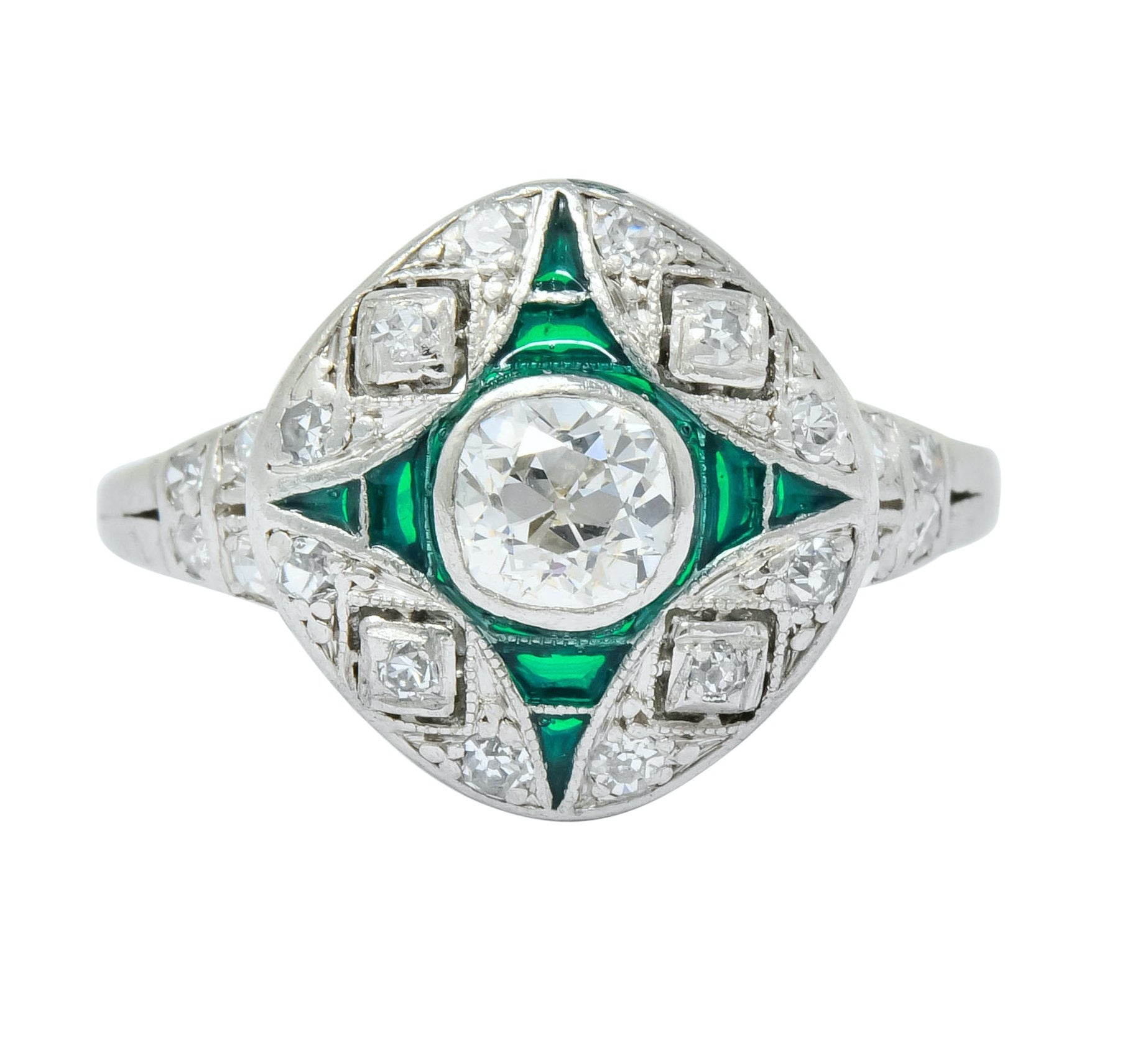 Art Deco Diamond Plique-à-Jour Enamel  Platinum Dinner Engagement Ring - Wilson's Estate Jewelry