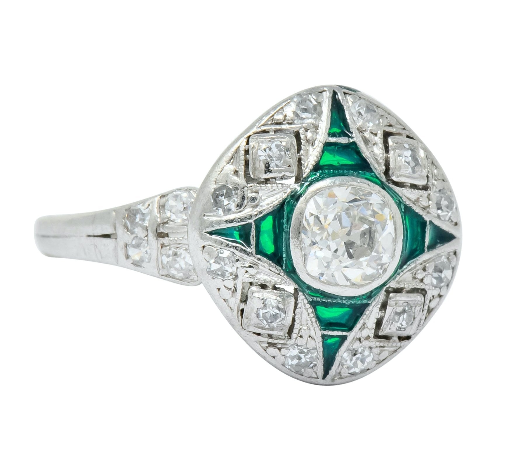 Art Deco Diamond Plique-à-Jour Enamel  Platinum Dinner Engagement Ring - Wilson's Estate Jewelry