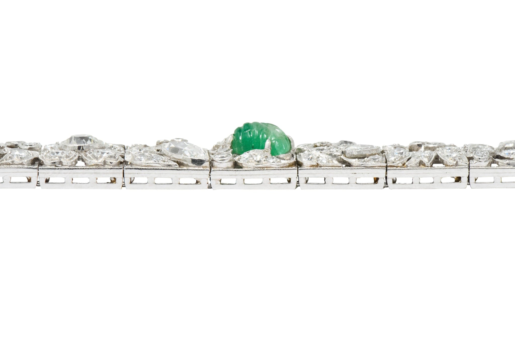 Art Deco Drosten 15.00 CTW Carved Emerald Diamond Platinum Bracelet Wilson's Estate Jewelry