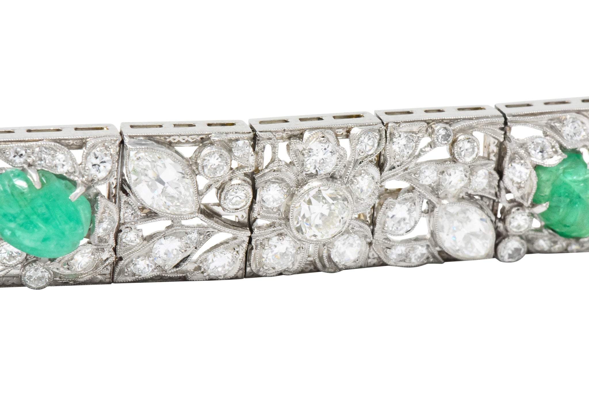 Art Deco Drosten 15.00 CTW Carved Emerald Diamond Platinum Bracelet Wilson's Estate Jewelry