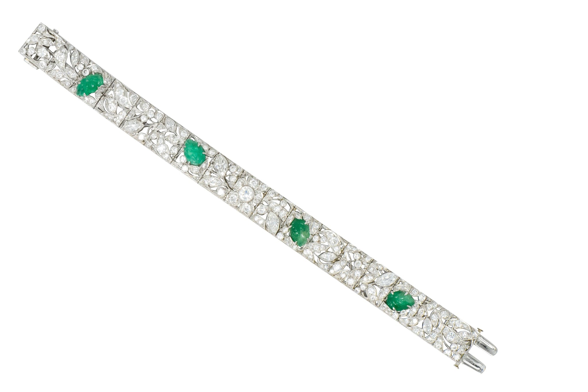 Art Deco Drosten 15.00 CTW Carved Emerald Diamond Platinum Bracelet Wilson's Estate Jewelry