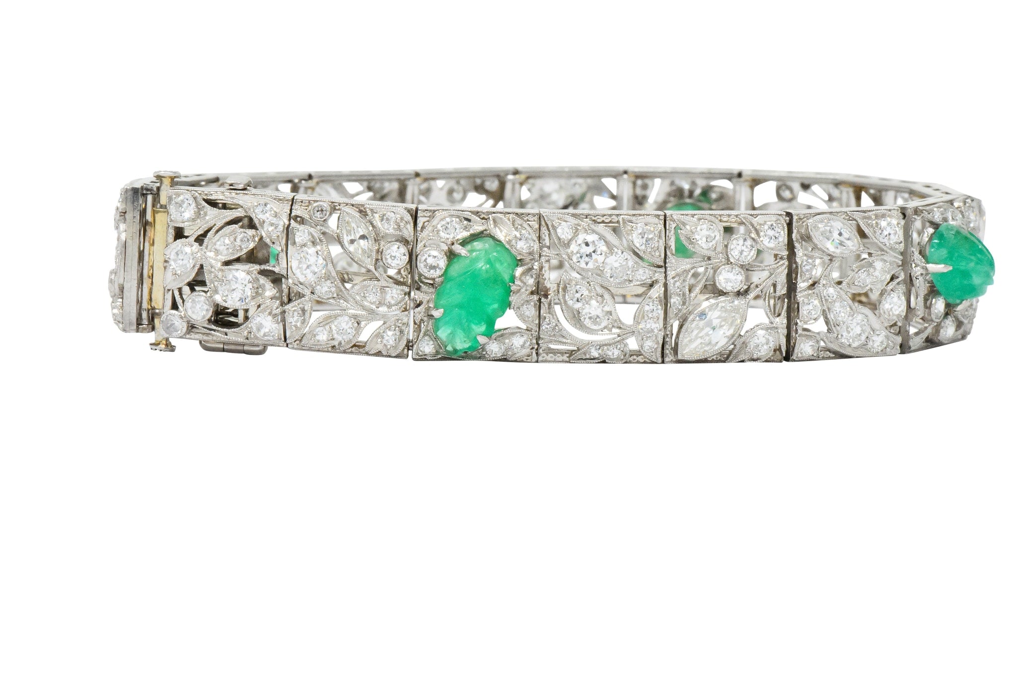 Art Deco Drosten 15.00 CTW Carved Emerald Diamond Platinum Bracelet Wilson's Estate Jewelry