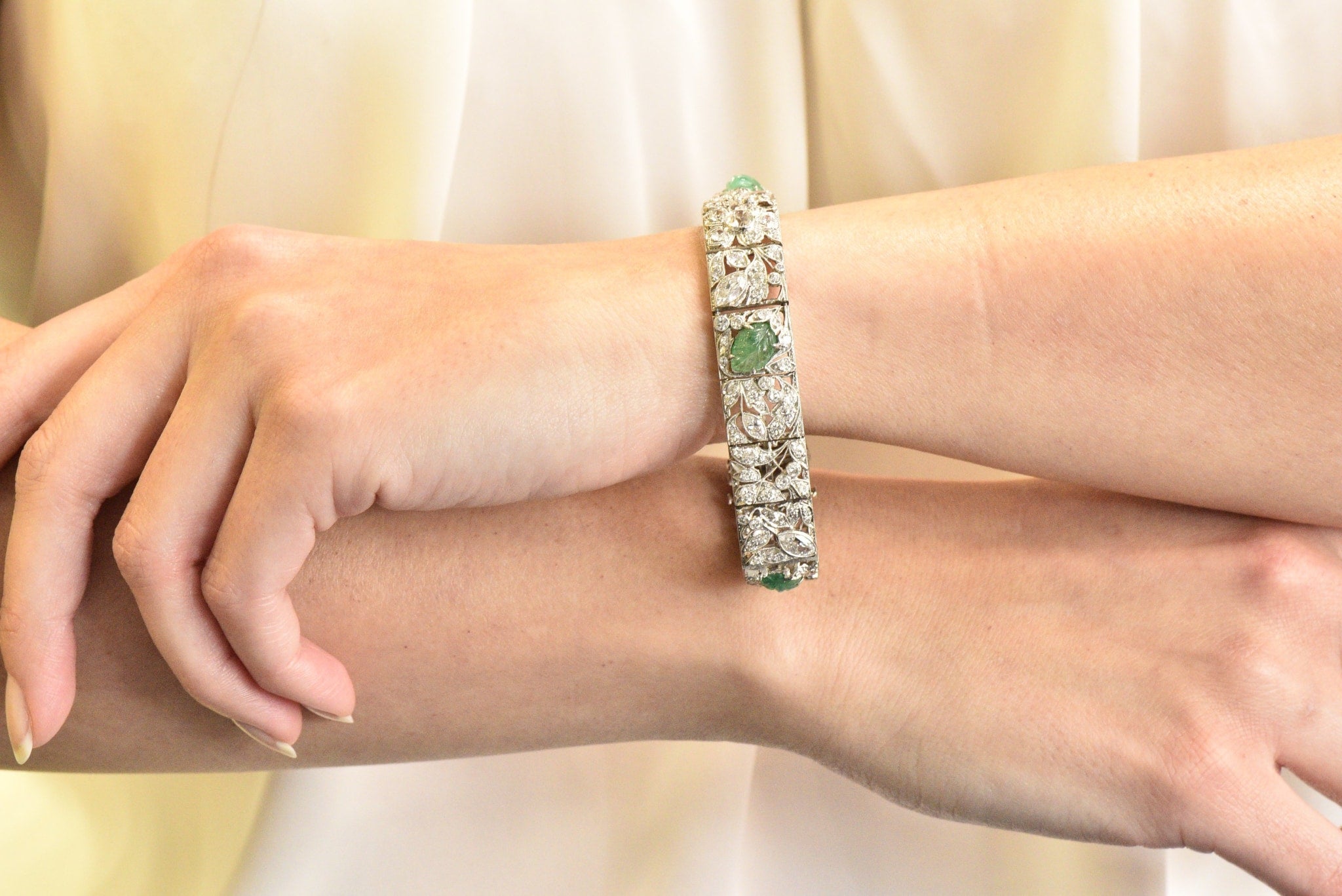 Art Deco Drosten 15.00 CTW Carved Emerald Diamond Platinum Bracelet Wilson's Estate Jewelry