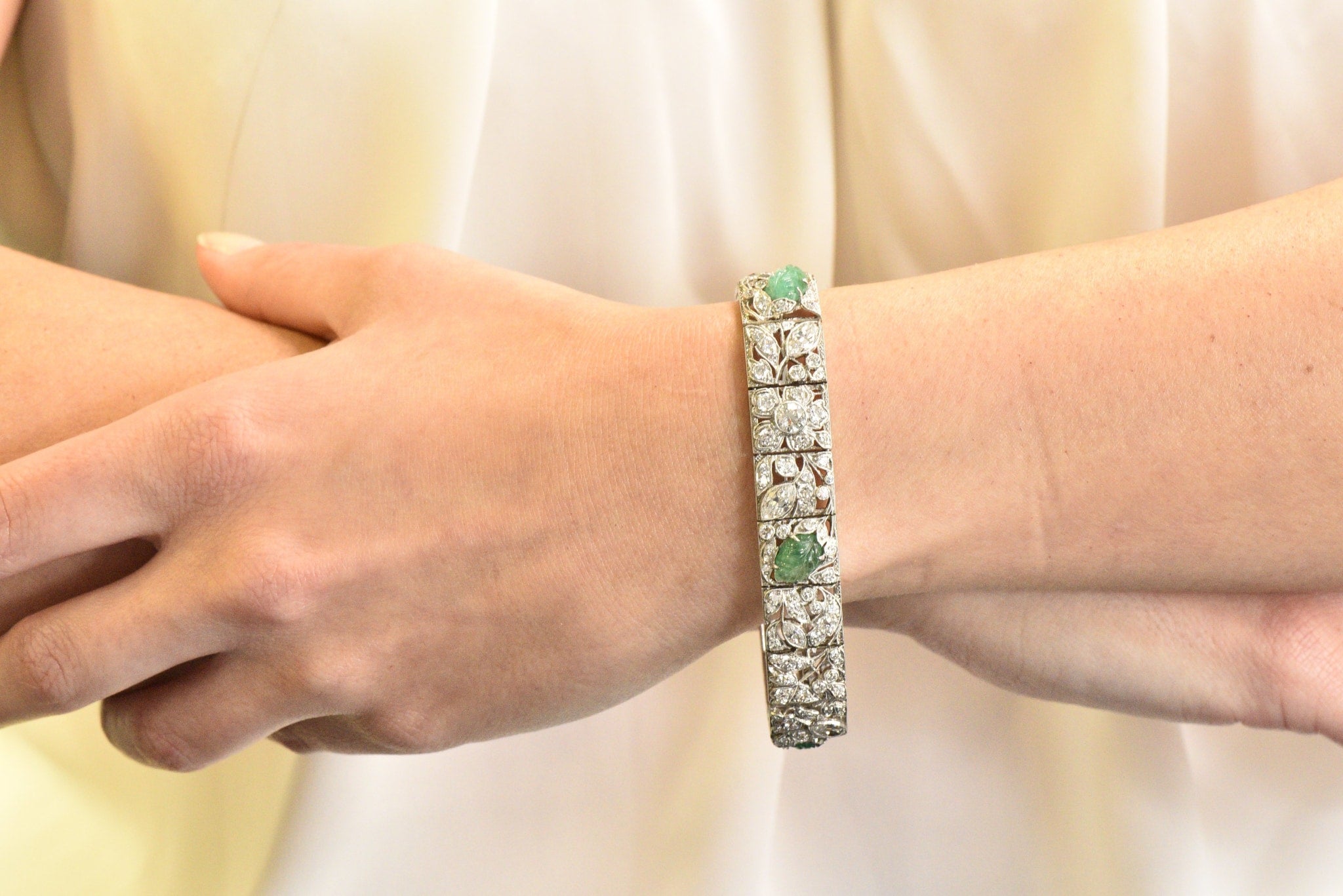 Art Deco Drosten 15.00 CTW Carved Emerald Diamond Platinum Bracelet Wilson's Estate Jewelry