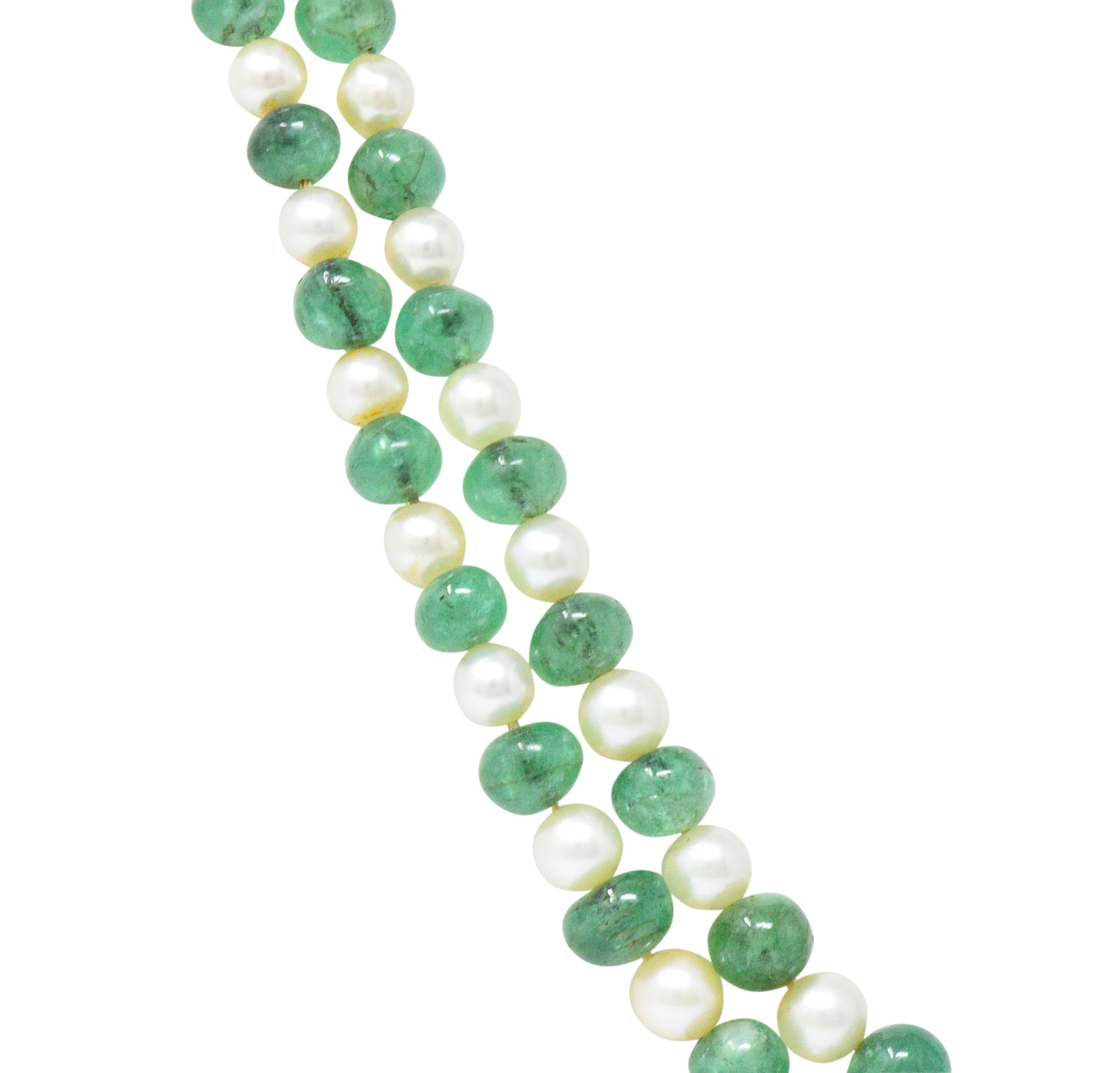 Art Deco French Diamond Emerald Cultured Pearl Platinum Double Strand Necklace Wilson's Estate Jewelry