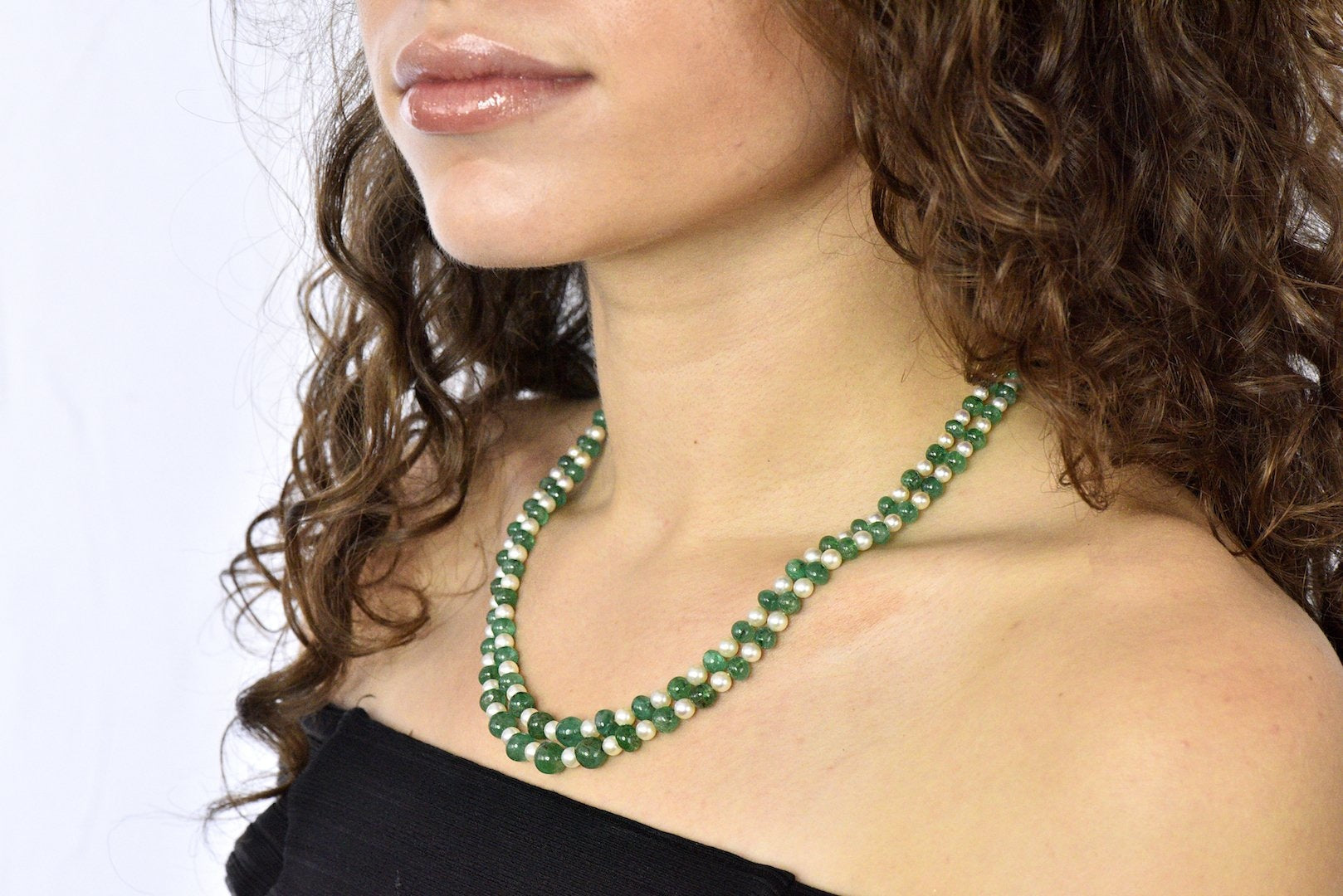 Art Deco French Diamond Emerald Cultured Pearl Platinum Double Strand Necklace Wilson's Estate Jewelry