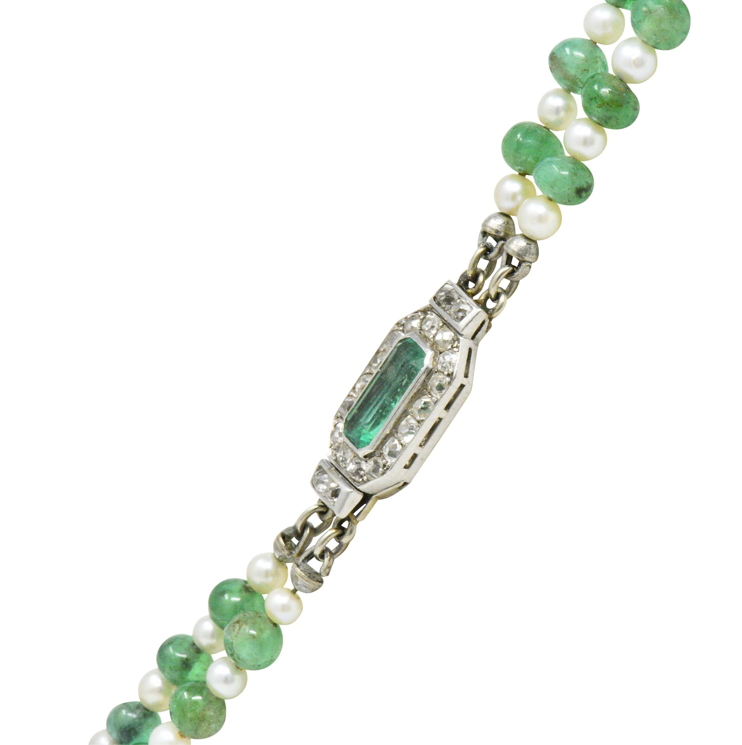 Art Deco French Diamond Emerald Cultured Pearl Platinum Double Strand Necklace Wilson's Estate Jewelry