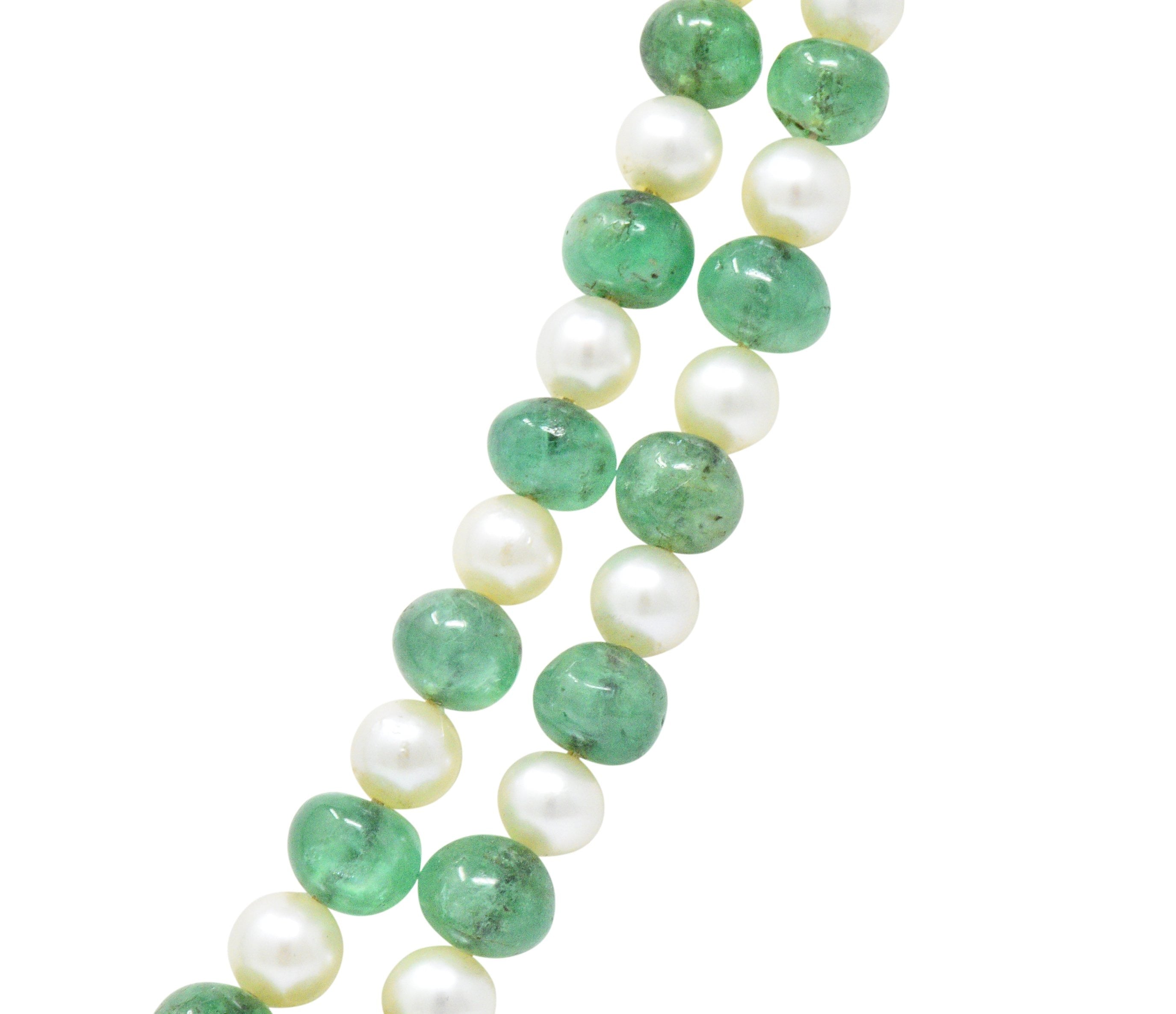 Art Deco French Diamond Emerald Cultured Pearl Platinum Double Strand Necklace Wilson's Estate Jewelry