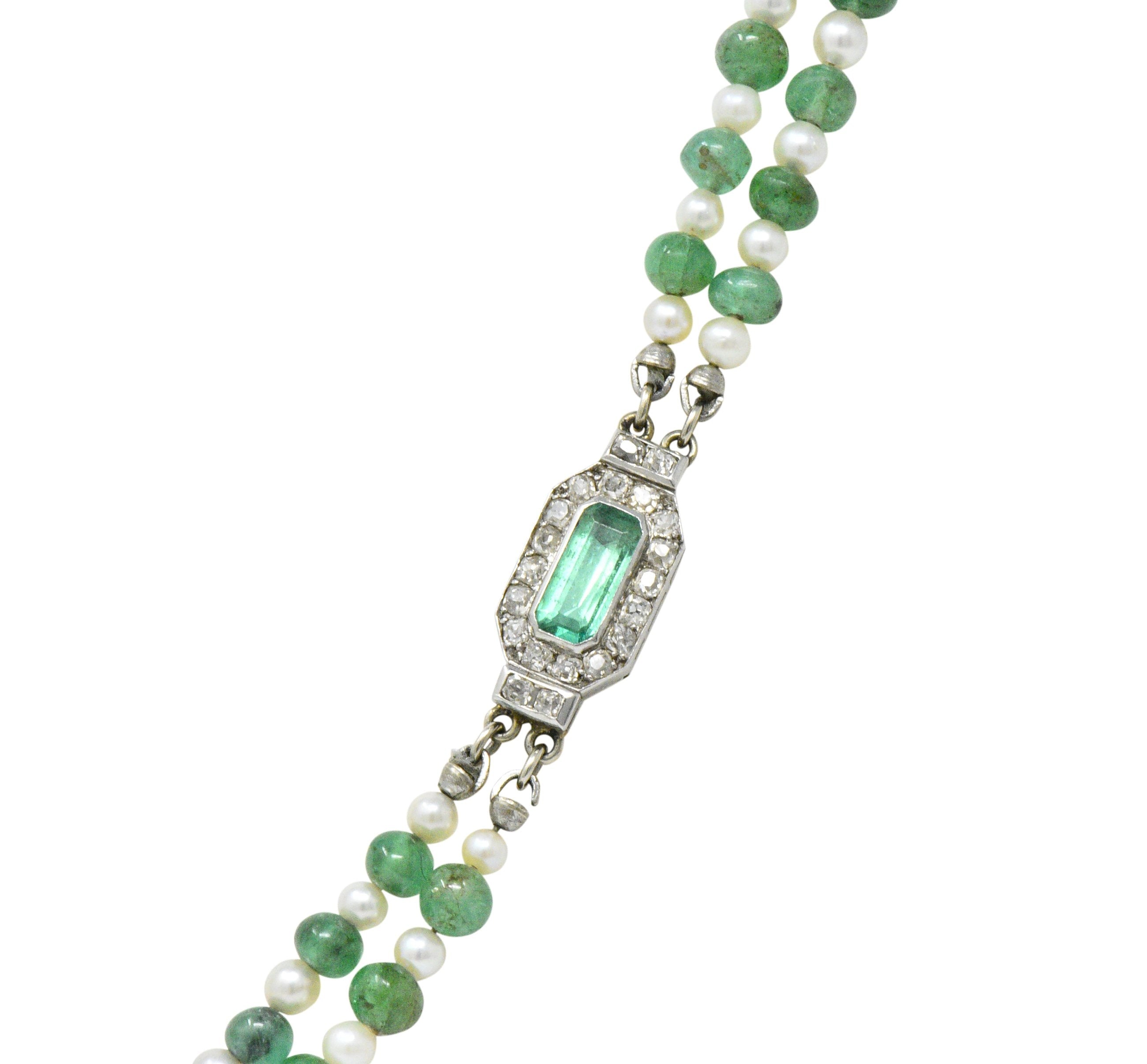 Art Deco French Diamond Emerald Cultured Pearl Platinum Double Strand Necklace Wilson's Estate Jewelry