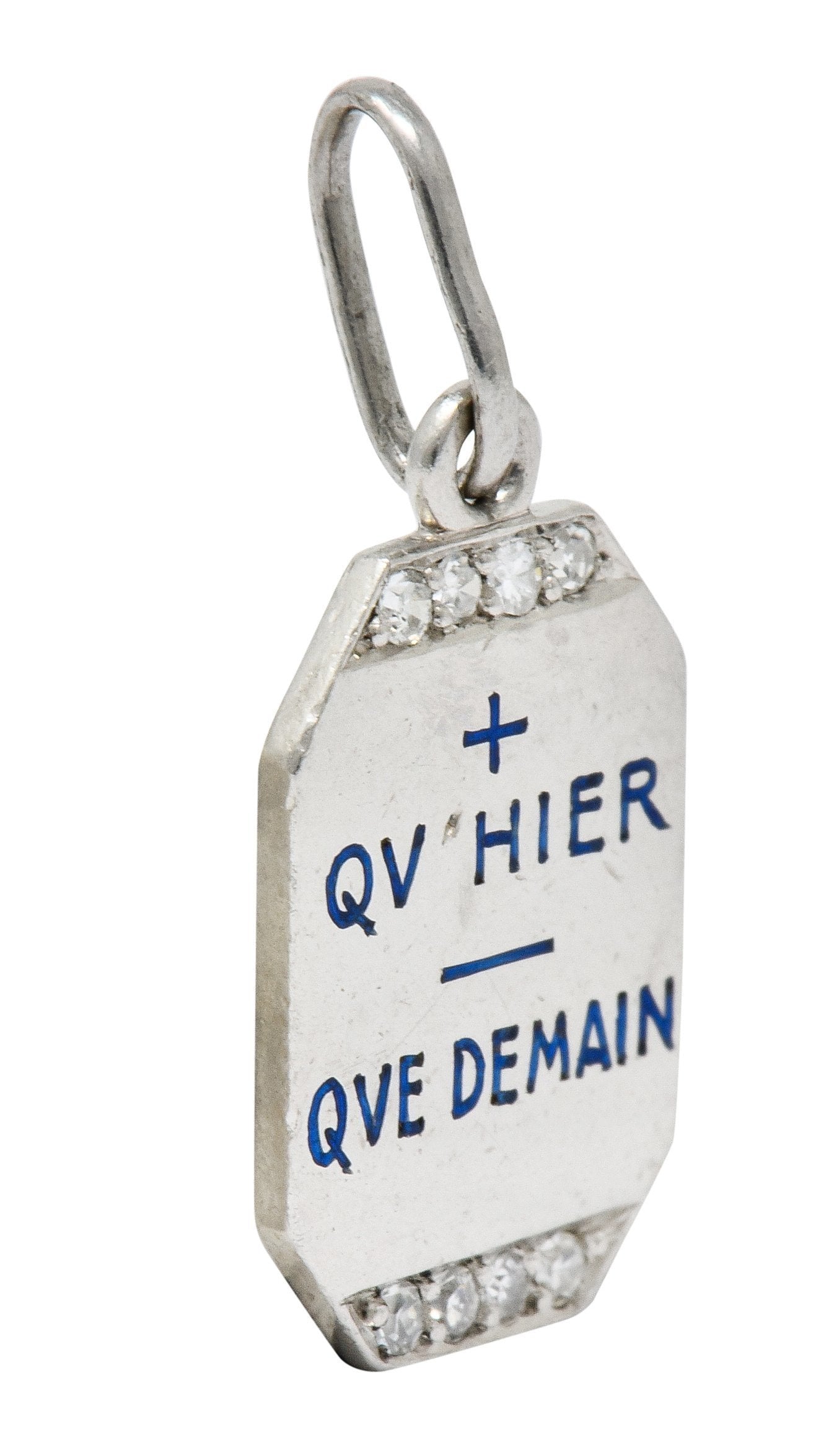 Art Deco French Enamel Diamond Platinum Qu Hier Que Demain Love Poem Charm - Wilson's Estate Jewelry