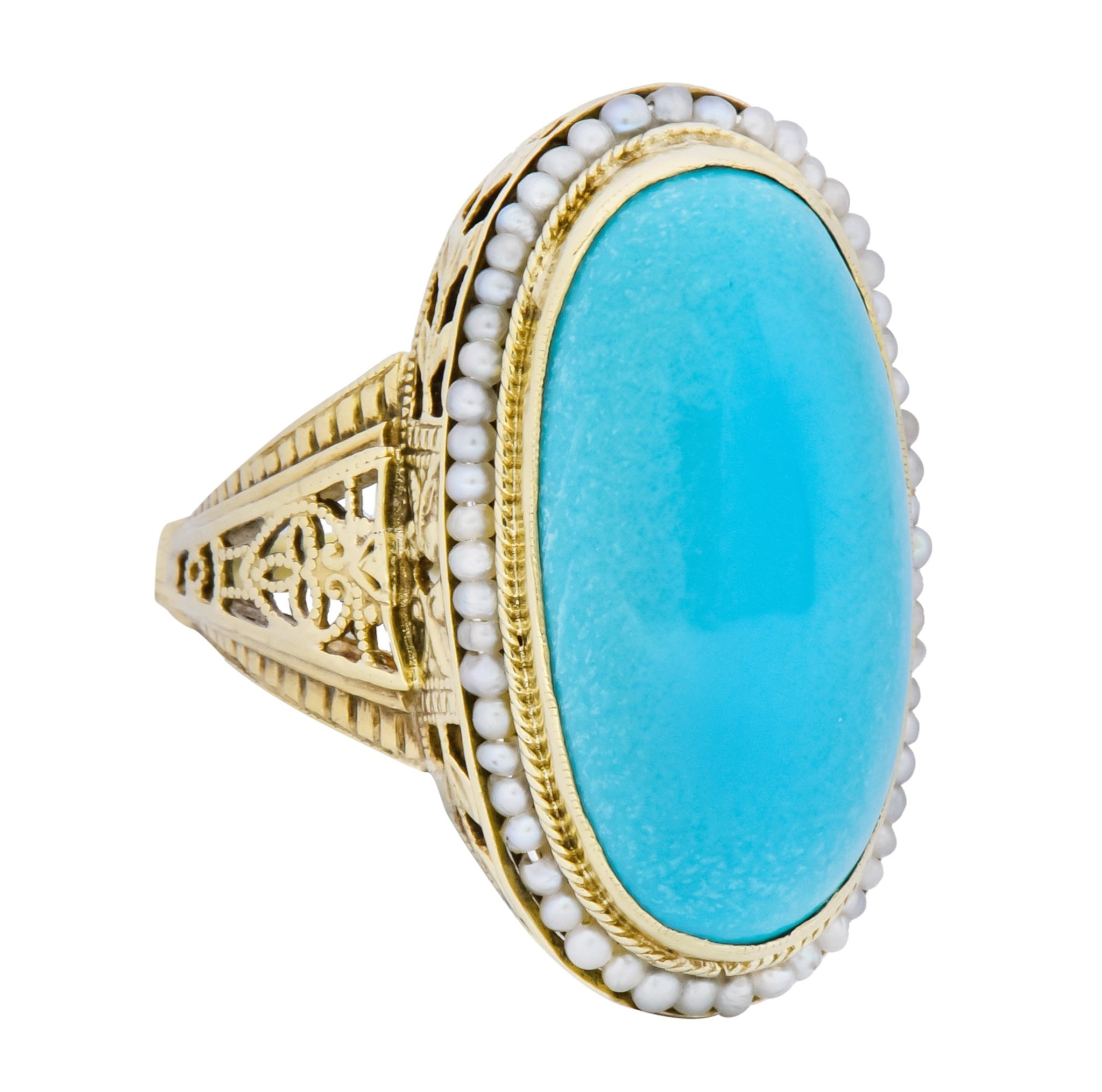 Art Deco Turquoise Seed Pearl 14 Karat Gold Fashion Ring - Wilson's Estate Jewelry