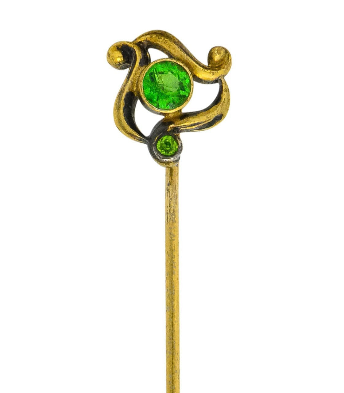 Art Nouveau 0.40 CTW Demantoid Garnet Gold Stylized Whiplash Stickpin - Wilson's Estate Jewelry