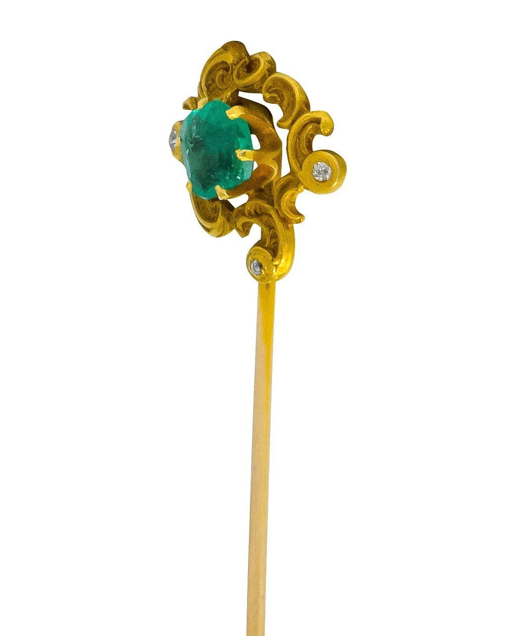 Art Nouveau Emerald Diamond Paisley Whiplash Stickpin - Wilson's Estate Jewelry