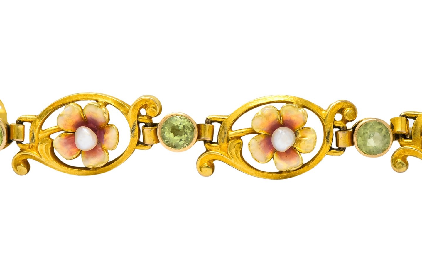 Art Nouveau 1.44 CTW Peridot Enamel Pearl 14 Karat Gold Link Bracelet - Wilson's Estate Jewelry