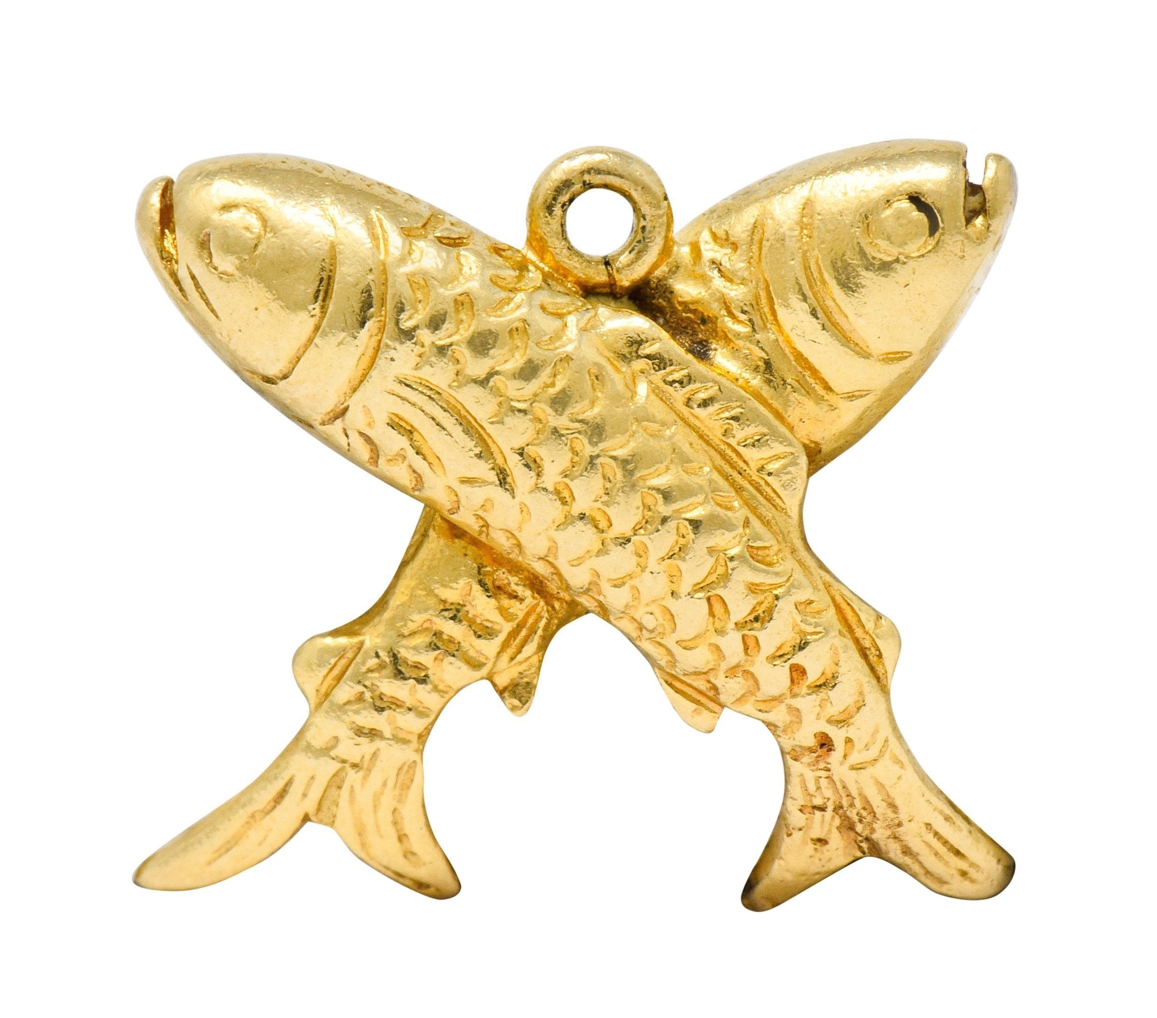 Art Nouveau 14 Karat Gold Crossed Fish Pisces Zodiac Charm - Wilson's Estate Jewelry