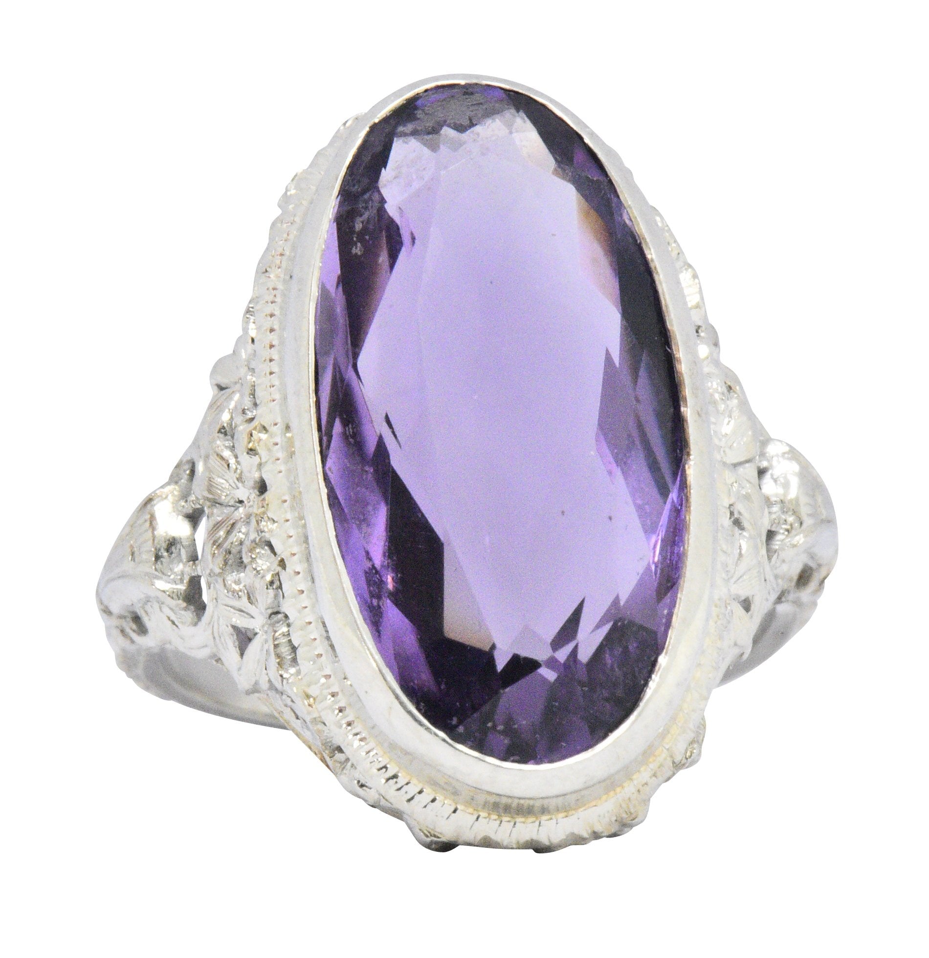 Art Nouveau 6.75 CTW Amethyst 18 Karat White Gold Ring Wilson's Estate Jewelry