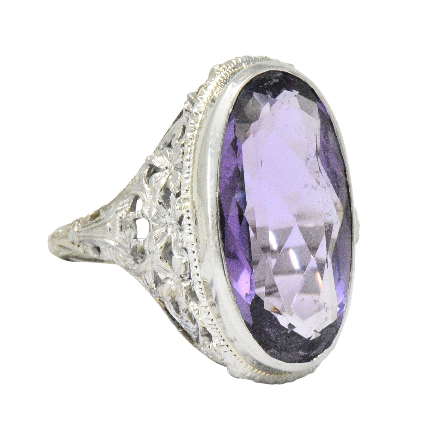 Art Nouveau 6.75 CTW Amethyst 18 Karat White Gold Ring Wilson's Estate Jewelry