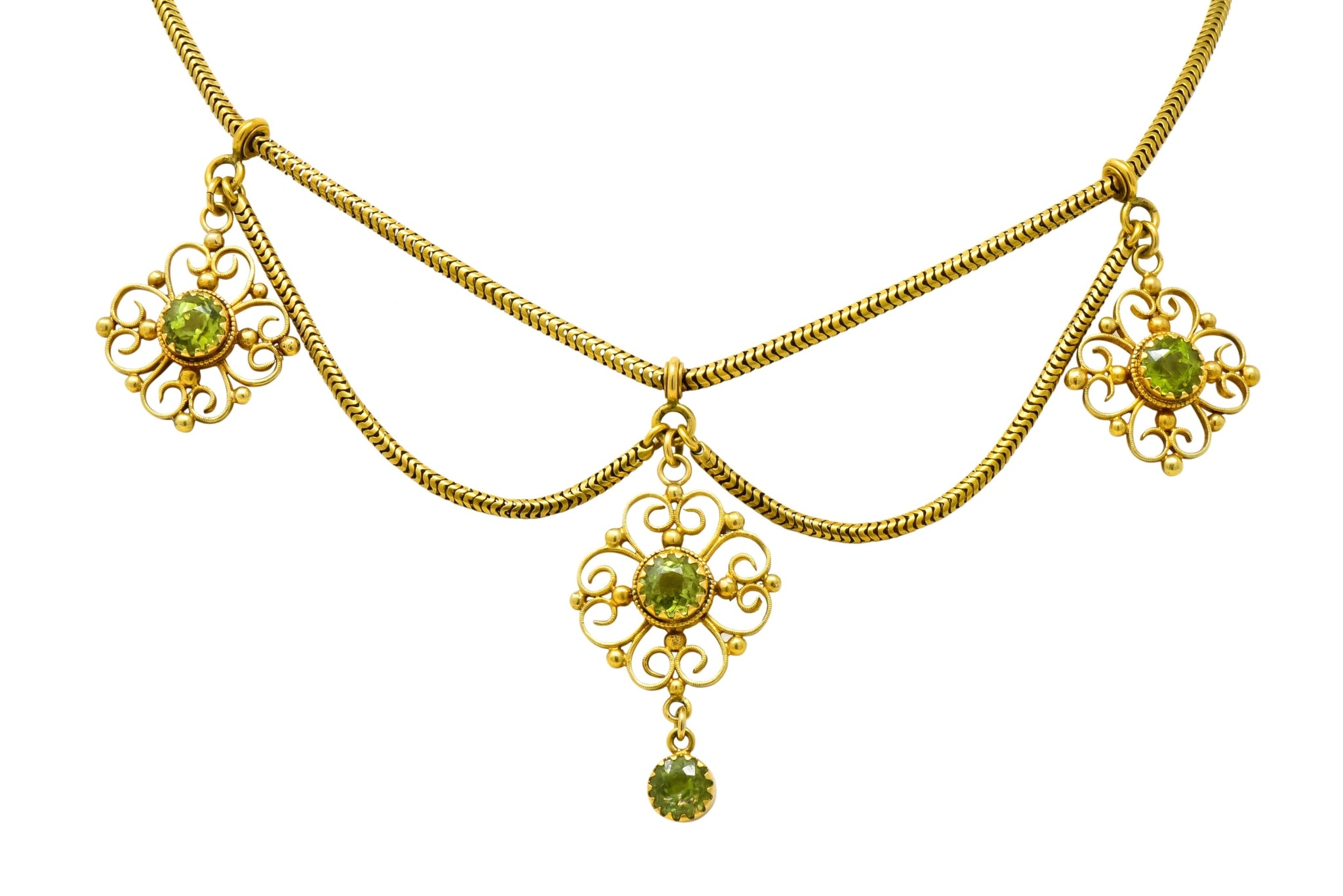 Art Nouveau 8.50 CTW Peridot 14 Karat Gold Swag Necklace - Wilson's Estate Jewelry