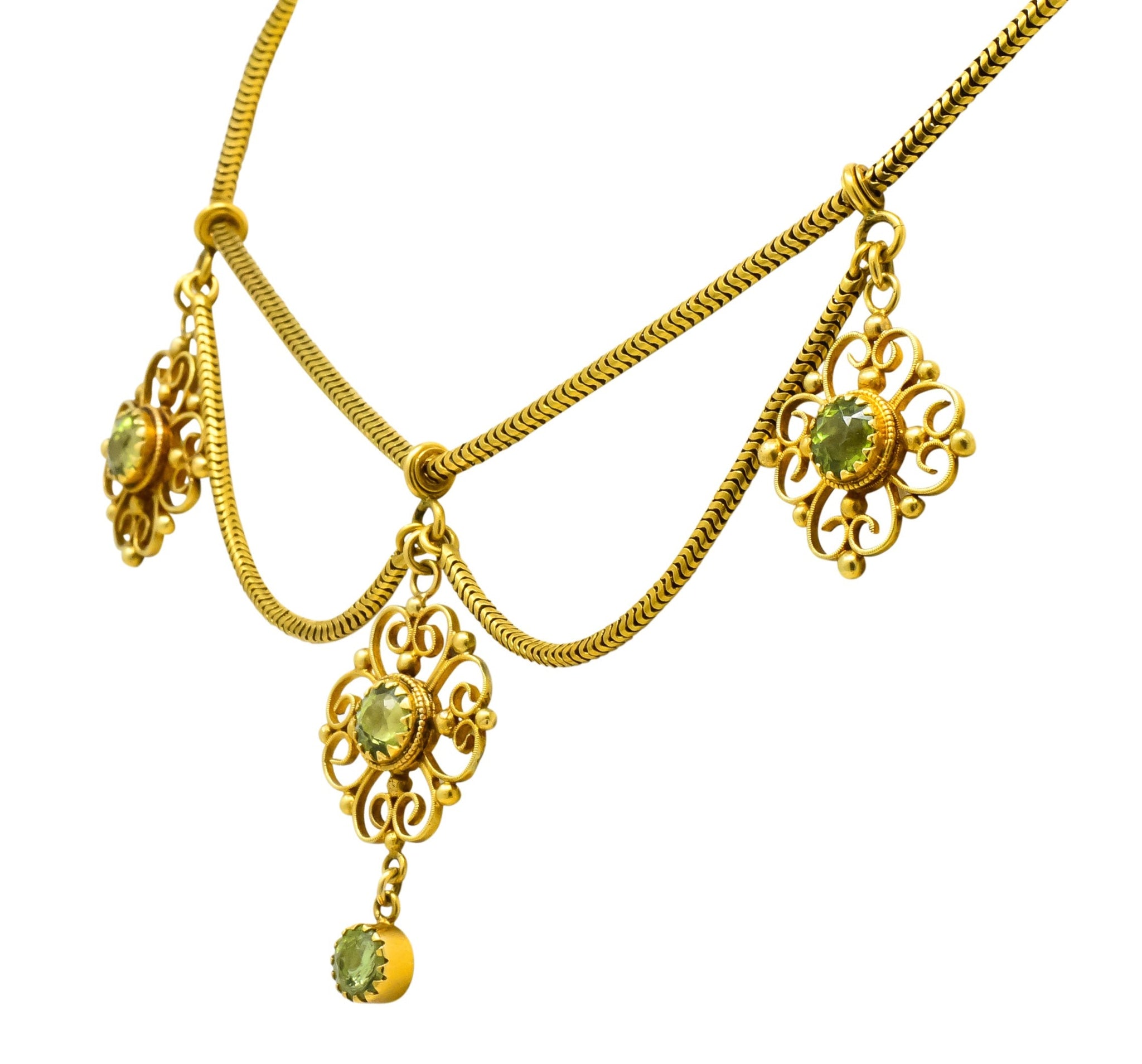 Art Nouveau 8.50 CTW Peridot 14 Karat Gold Swag Necklace - Wilson's Estate Jewelry