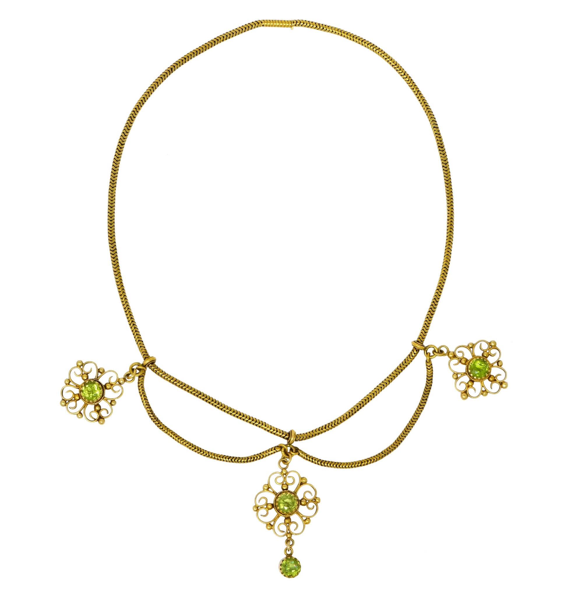 Art Nouveau 8.50 CTW Peridot 14 Karat Gold Swag Necklace - Wilson's Estate Jewelry