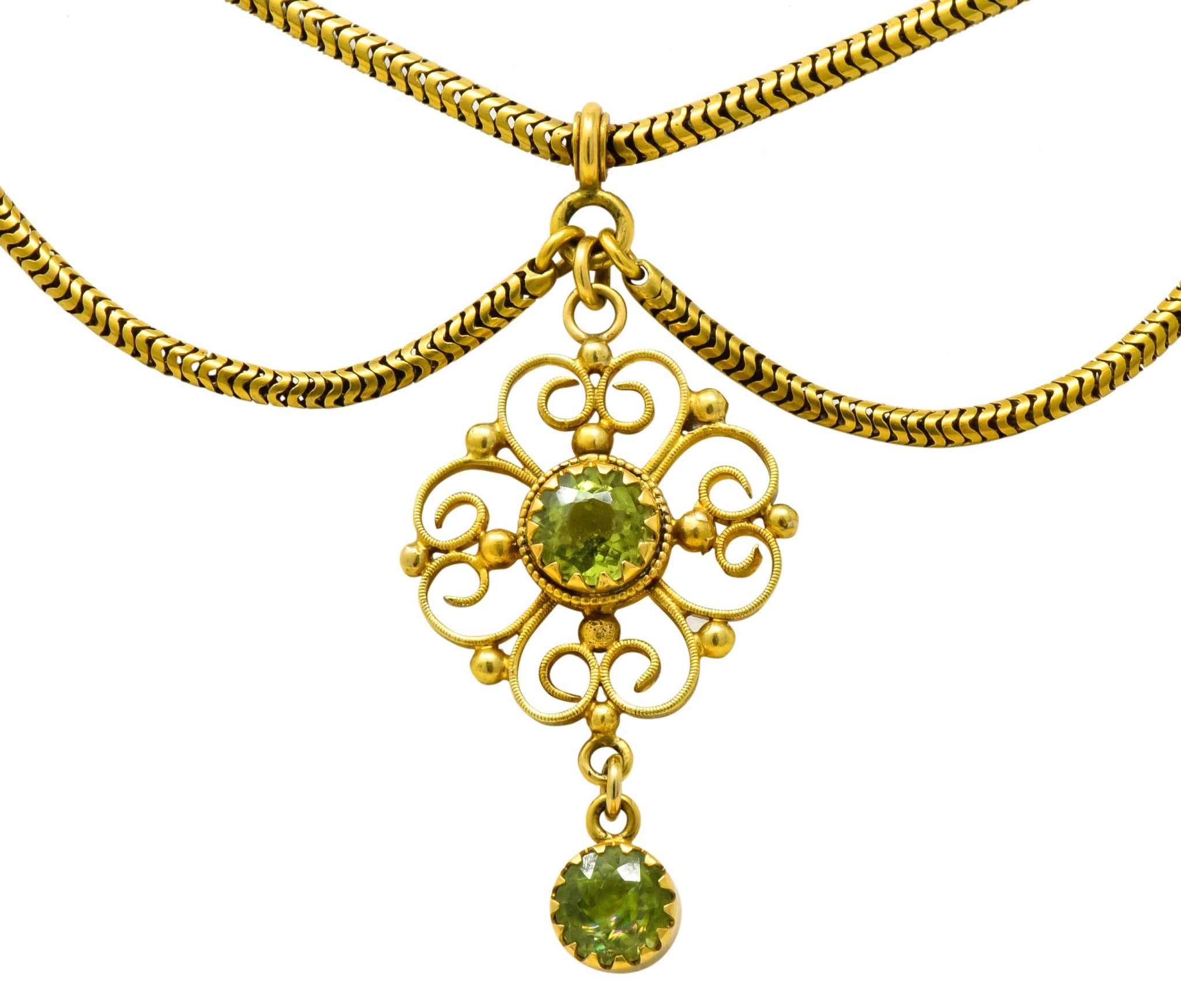 Art Nouveau 8.50 CTW Peridot 14 Karat Gold Swag Necklace - Wilson's Estate Jewelry