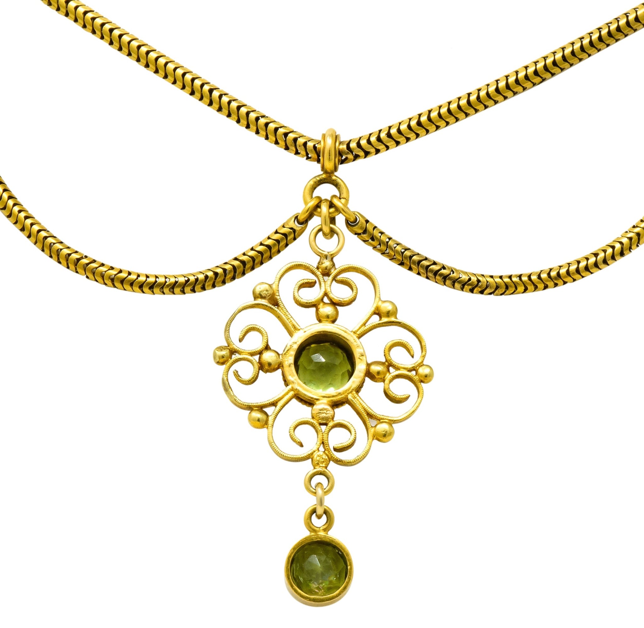 Art Nouveau 8.50 CTW Peridot 14 Karat Gold Swag Necklace - Wilson's Estate Jewelry