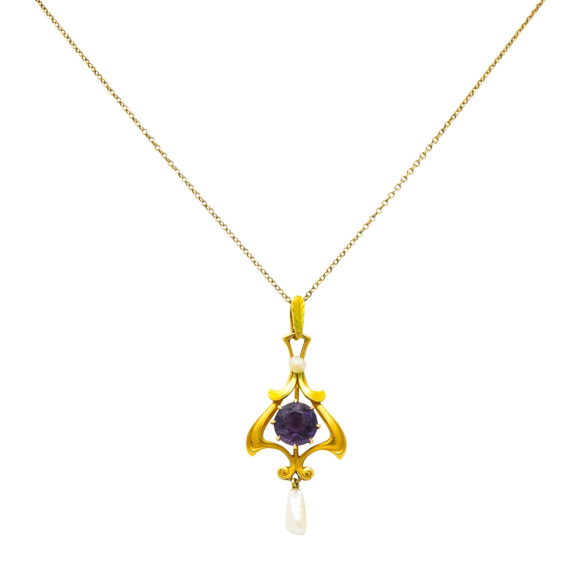 Art Nouveau Amethyst Pearl Enamel 14 Karat Gold Pendant Necklace - Wilson's Estate Jewelry