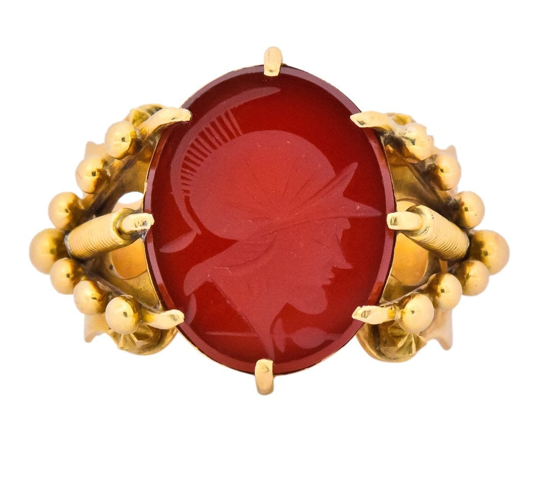 Art Nouveau Carnelian Intaglio 18 Karat Gold Greek Warrior Signet Ring - Wilson's Estate Jewelry