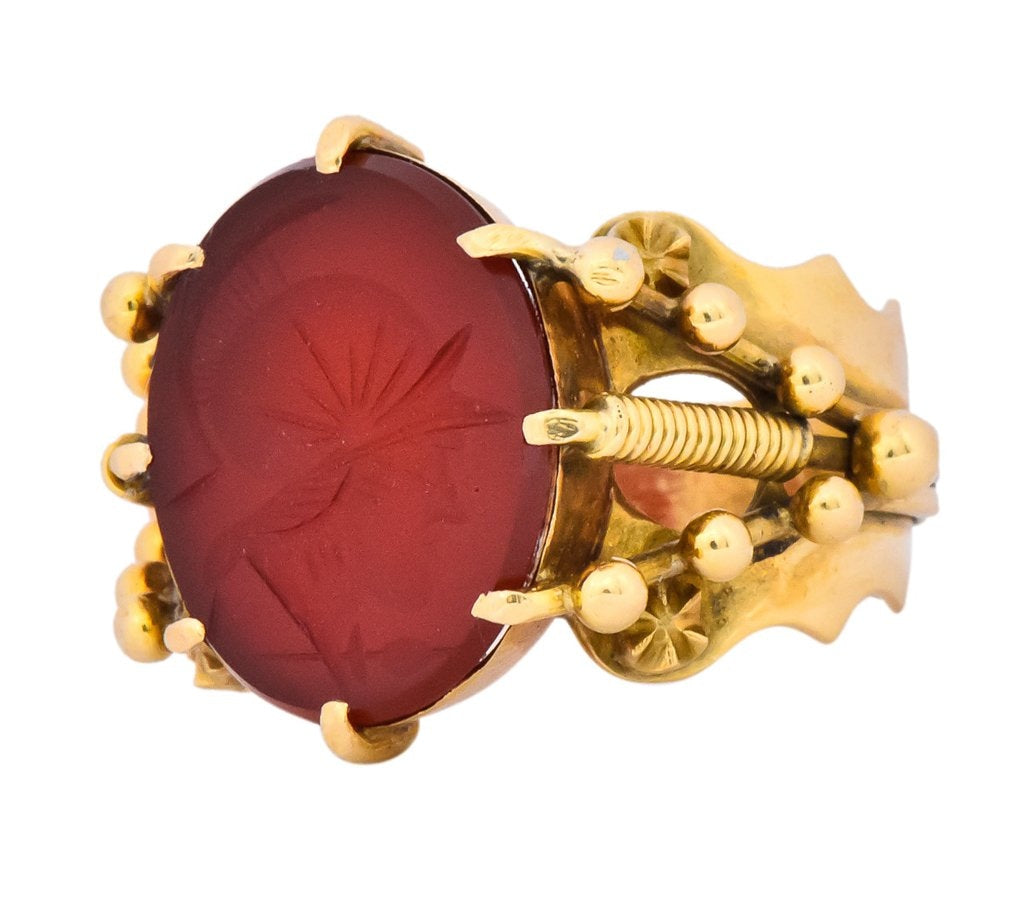Art Nouveau Carnelian Intaglio 18 Karat Gold Greek Warrior Signet Ring - Wilson's Estate Jewelry