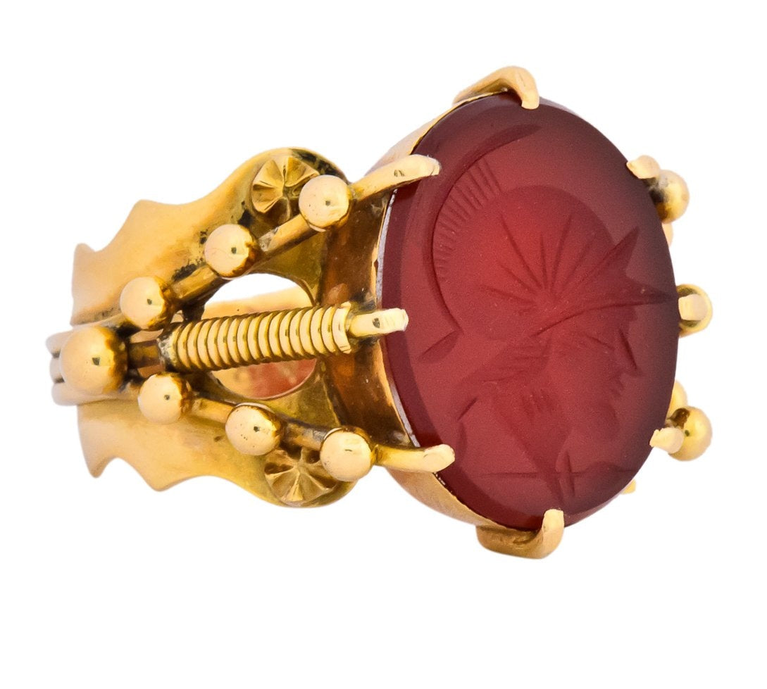 Art Nouveau Carnelian Intaglio 18 Karat Gold Greek Warrior Signet Ring - Wilson's Estate Jewelry