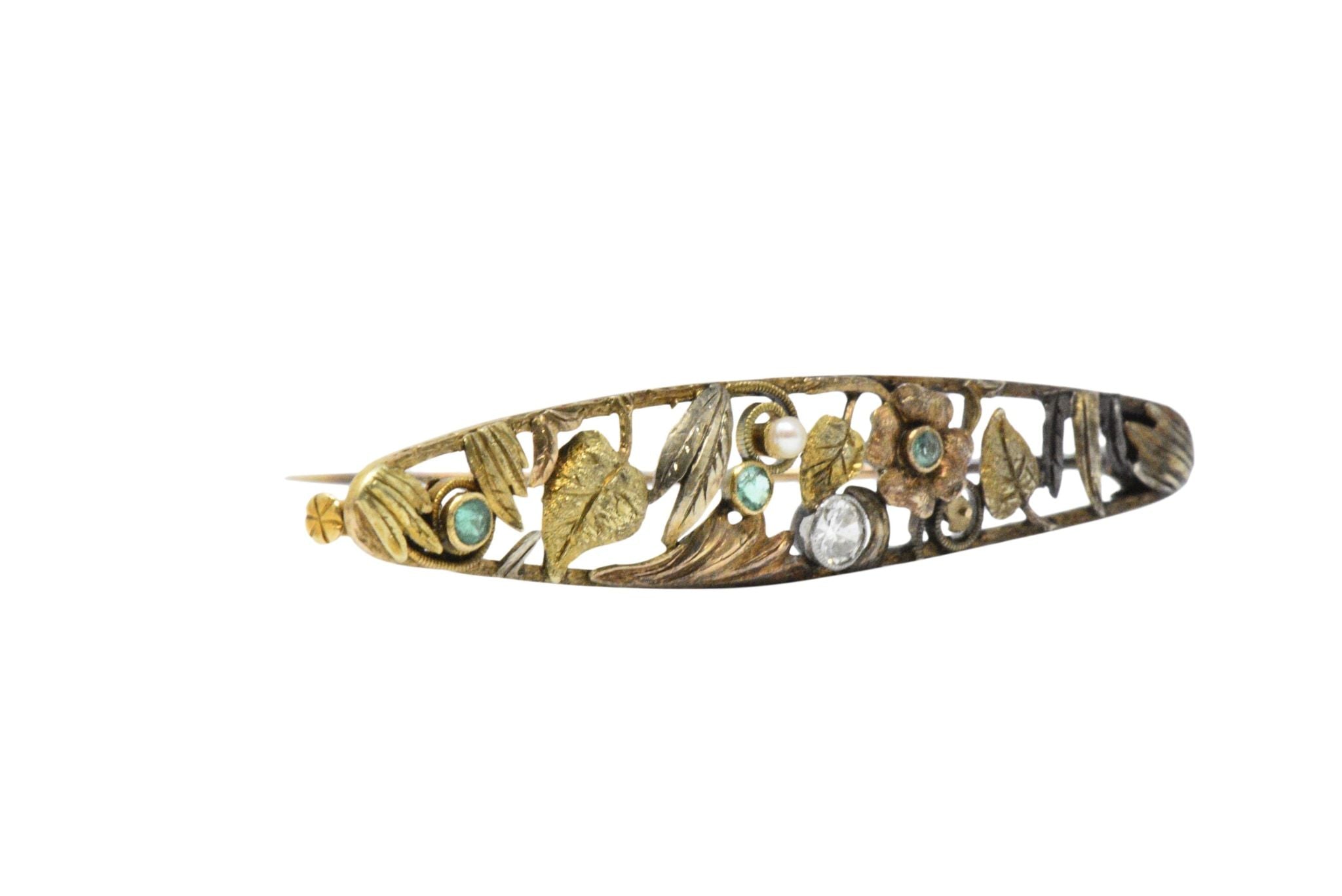 Art Nouveau Diamond, Emerald & Pearl 14K Tri-Color Gold Bar Brooch Wilson's Estate Jewelry