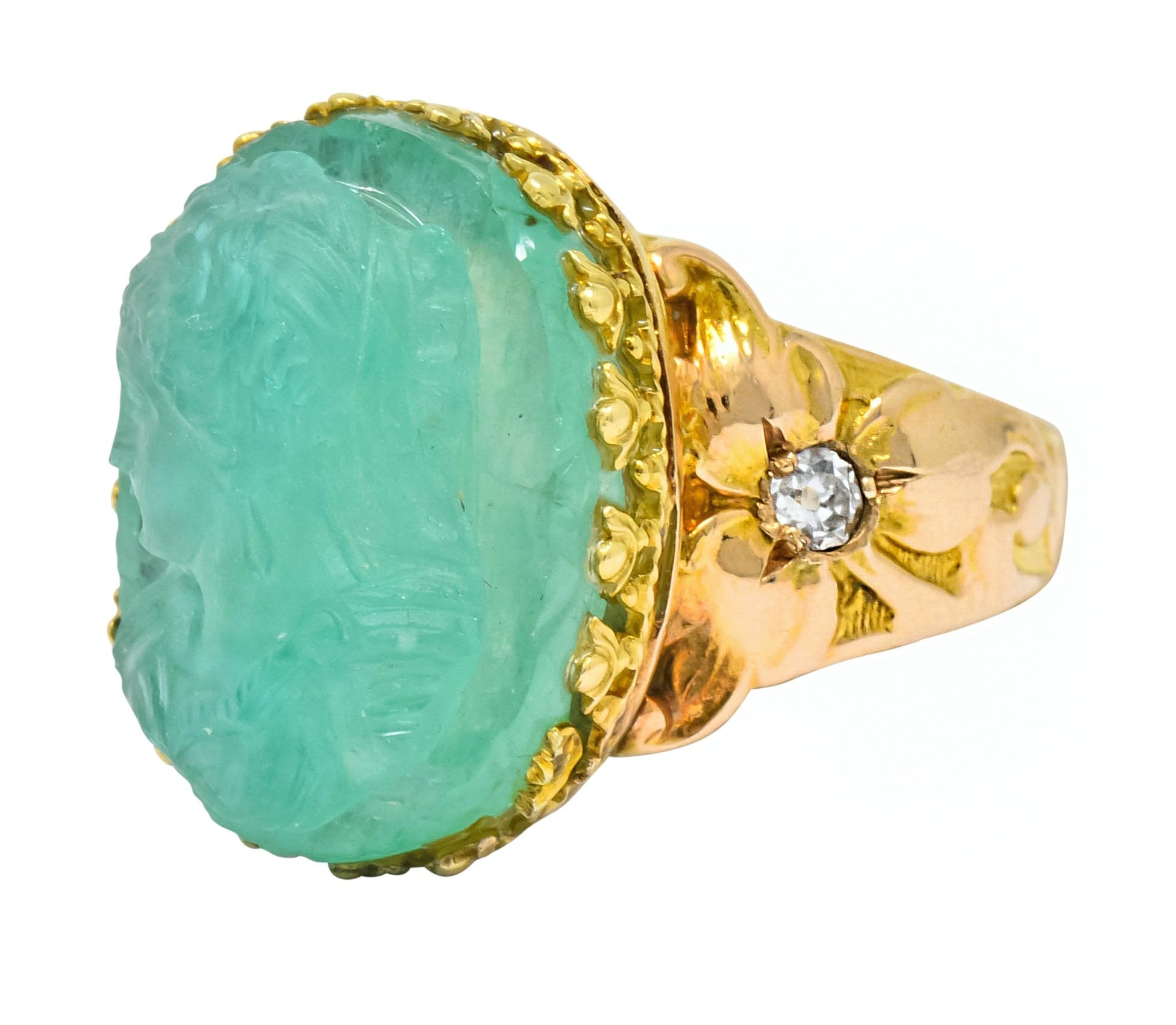 Art Nouveau Emerald Diamond 14 Karat Gold Cameo Ring - Wilson's Estate Jewelry