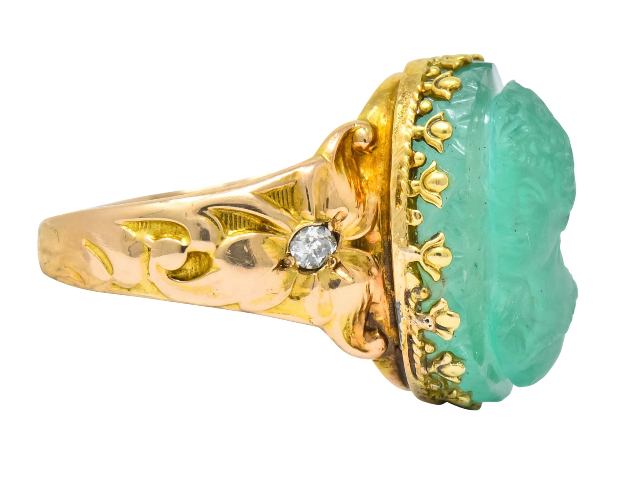 Art Nouveau Emerald Diamond 14 Karat Gold Cameo Ring - Wilson's Estate Jewelry