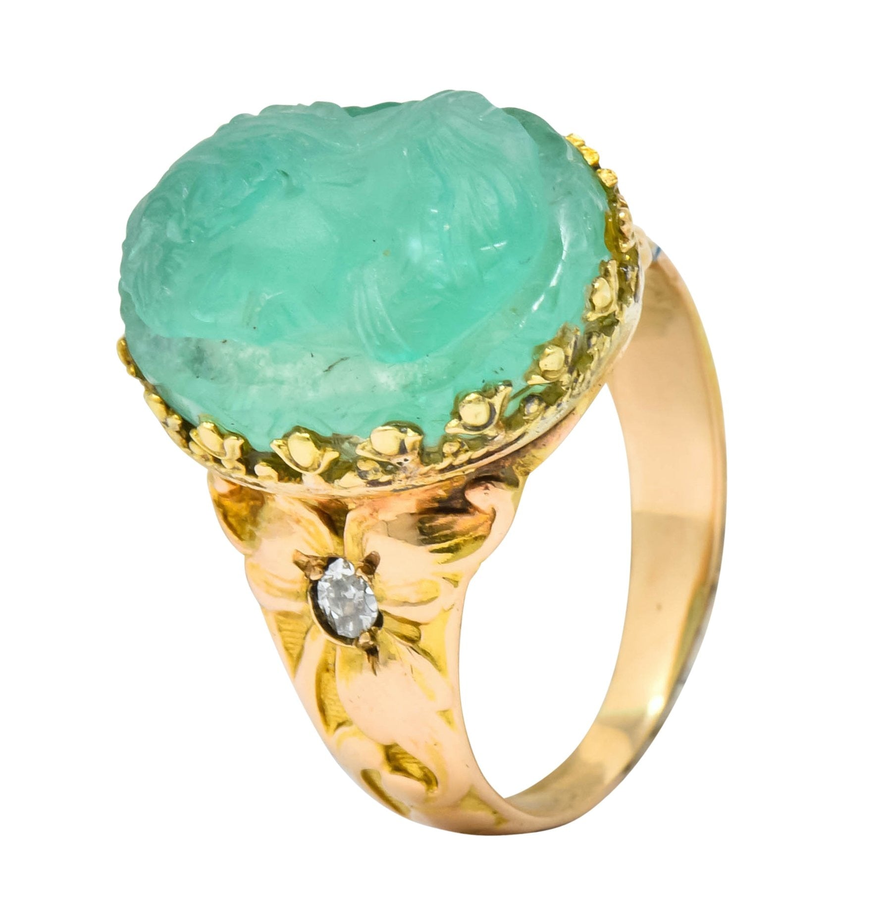 Art Nouveau Emerald Diamond 14 Karat Gold Cameo Ring - Wilson's Estate Jewelry