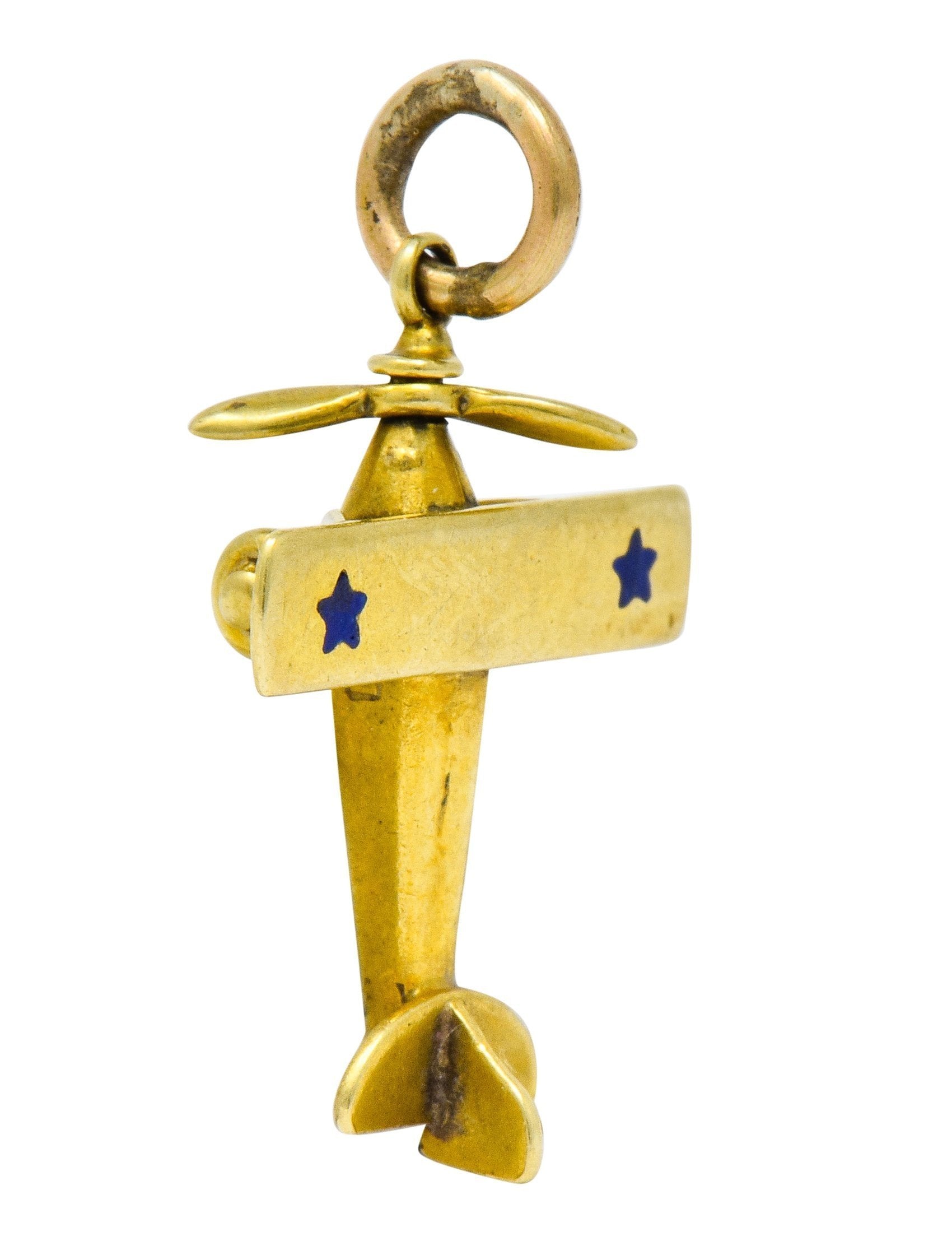 Art Nouveau Enamel 14 Karat Gold Star Propeller Plane Charm - Wilson's Estate Jewelry