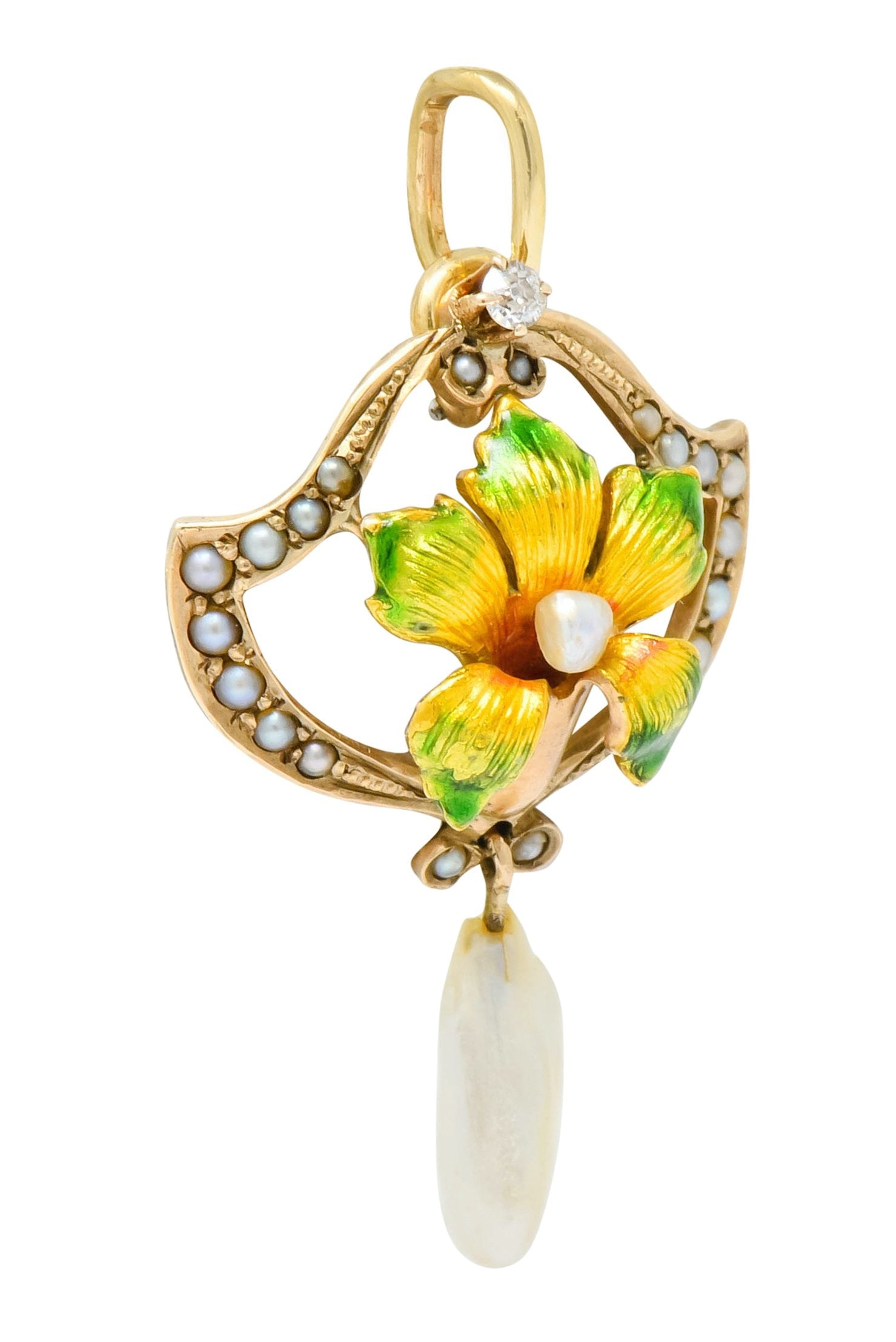 Art Nouveau Enamel Pearl Diamond 14 Karat Gold Lily Flower Pendant - Wilson's Estate Jewelry