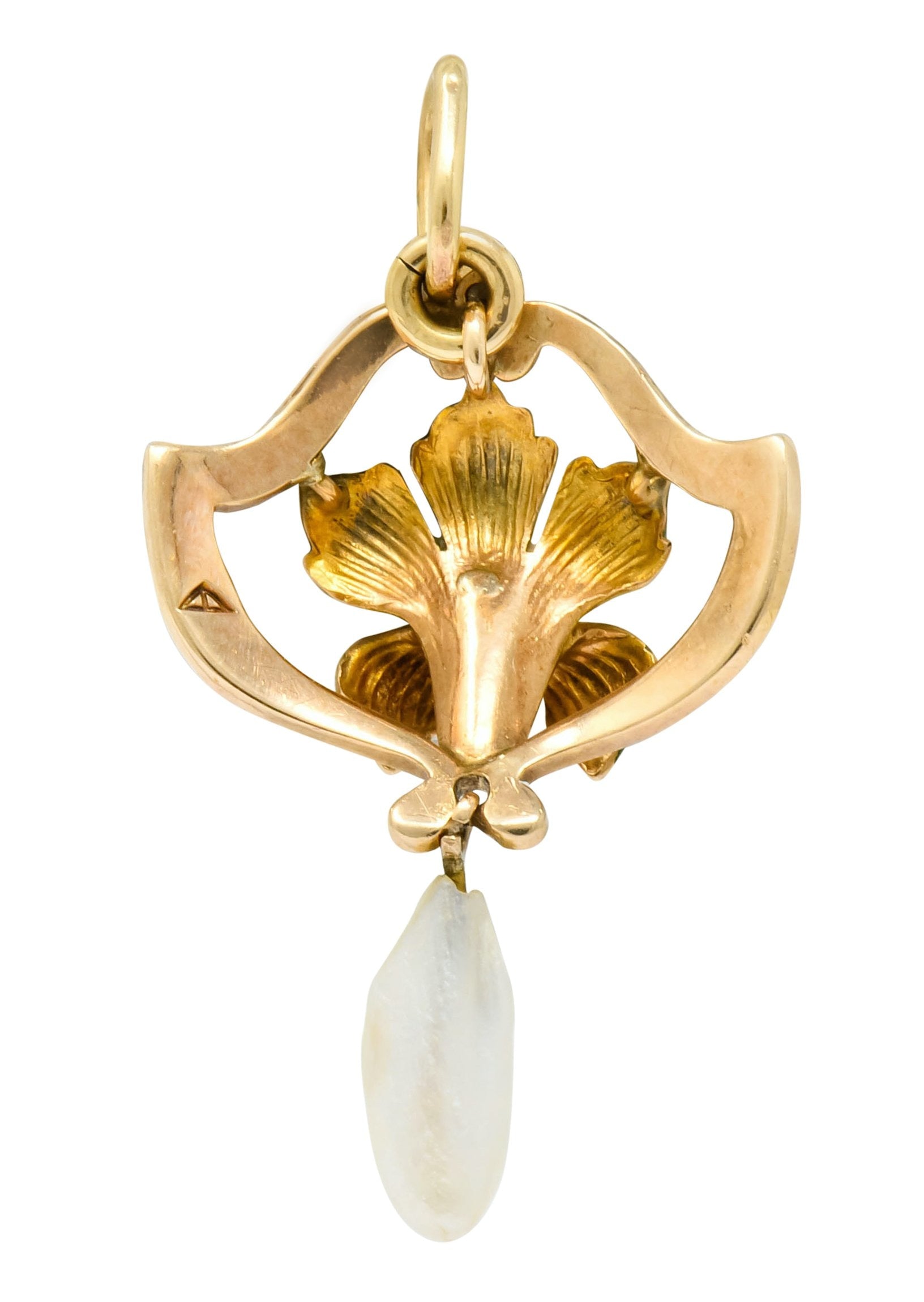 Art Nouveau Enamel Pearl Diamond 14 Karat Gold Lily Flower Pendant - Wilson's Estate Jewelry