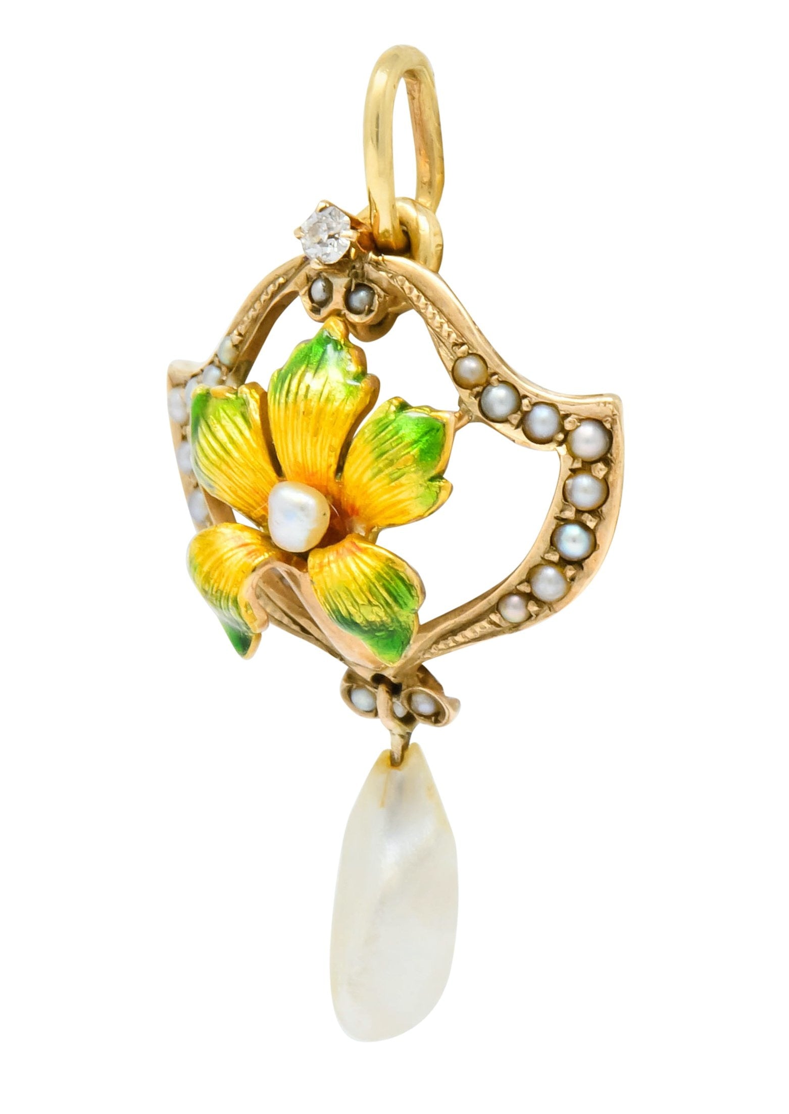 Art Nouveau Enamel Pearl Diamond 14 Karat Gold Lily Flower Pendant - Wilson's Estate Jewelry