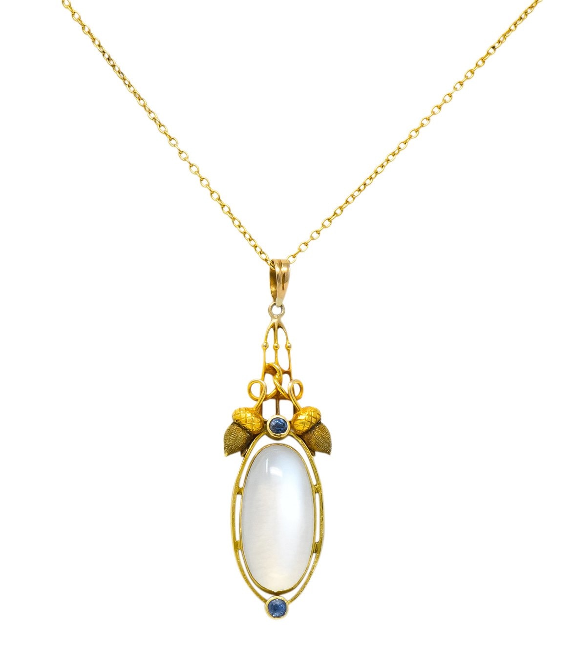 Art Nouveau Moonstone Sapphire 14 Karat Gold Acorn Accented Pendant - Wilson's Estate Jewelry