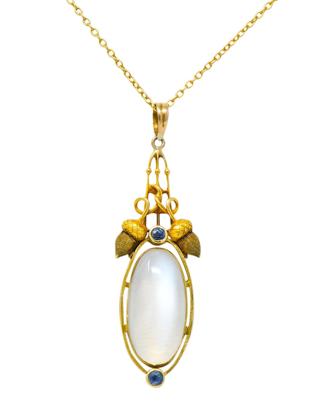 Art Nouveau Moonstone Sapphire 14 Karat Gold Acorn Accented Pendant - Wilson's Estate Jewelry