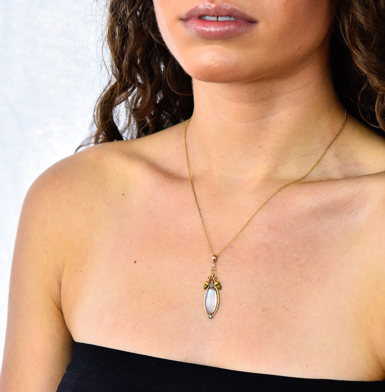 Art Nouveau Moonstone Sapphire 14 Karat Gold Acorn Accented Pendant - Wilson's Estate Jewelry
