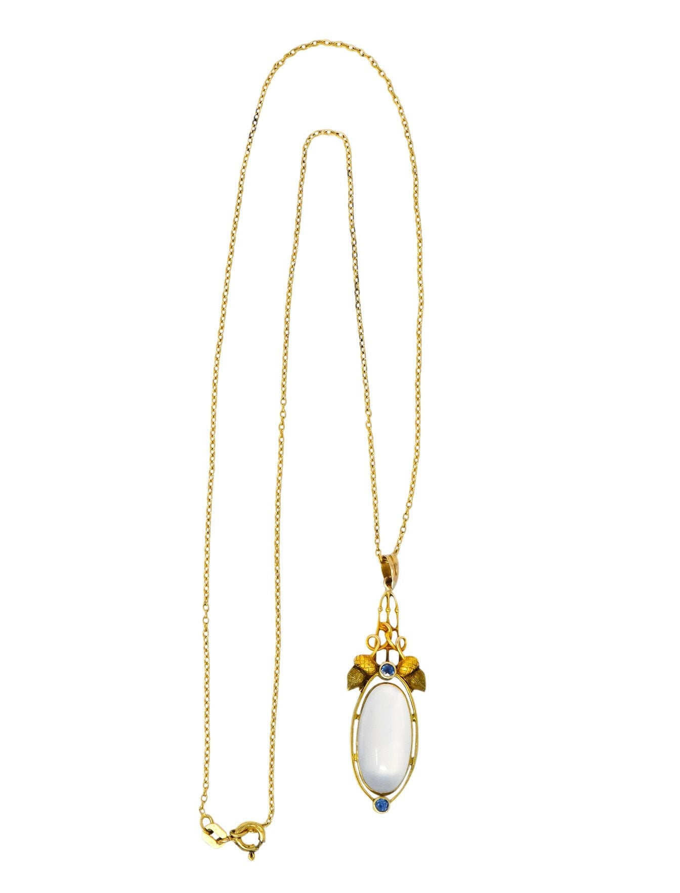 Art Nouveau Moonstone Sapphire 14 Karat Gold Acorn Accented Pendant - Wilson's Estate Jewelry